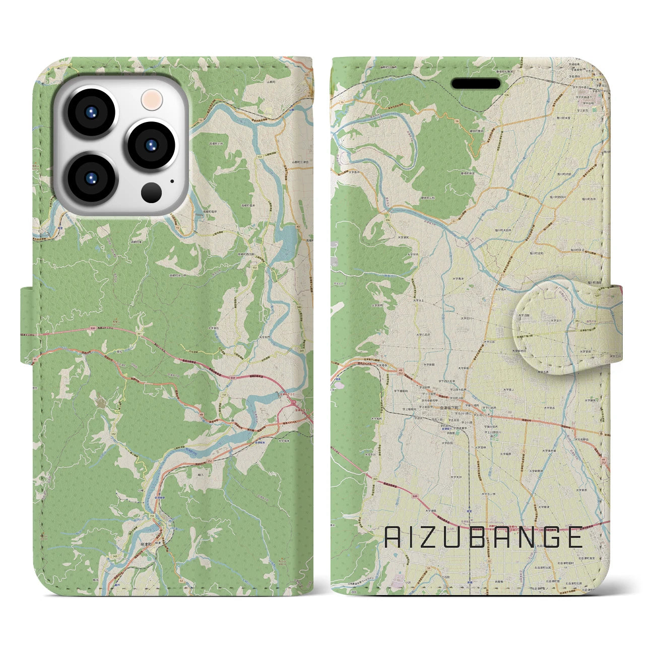 【会津坂下(福島県)】地図柄iPhoneケース(手帳タイプ)ナチュラル・iPhone 13 Pro 用