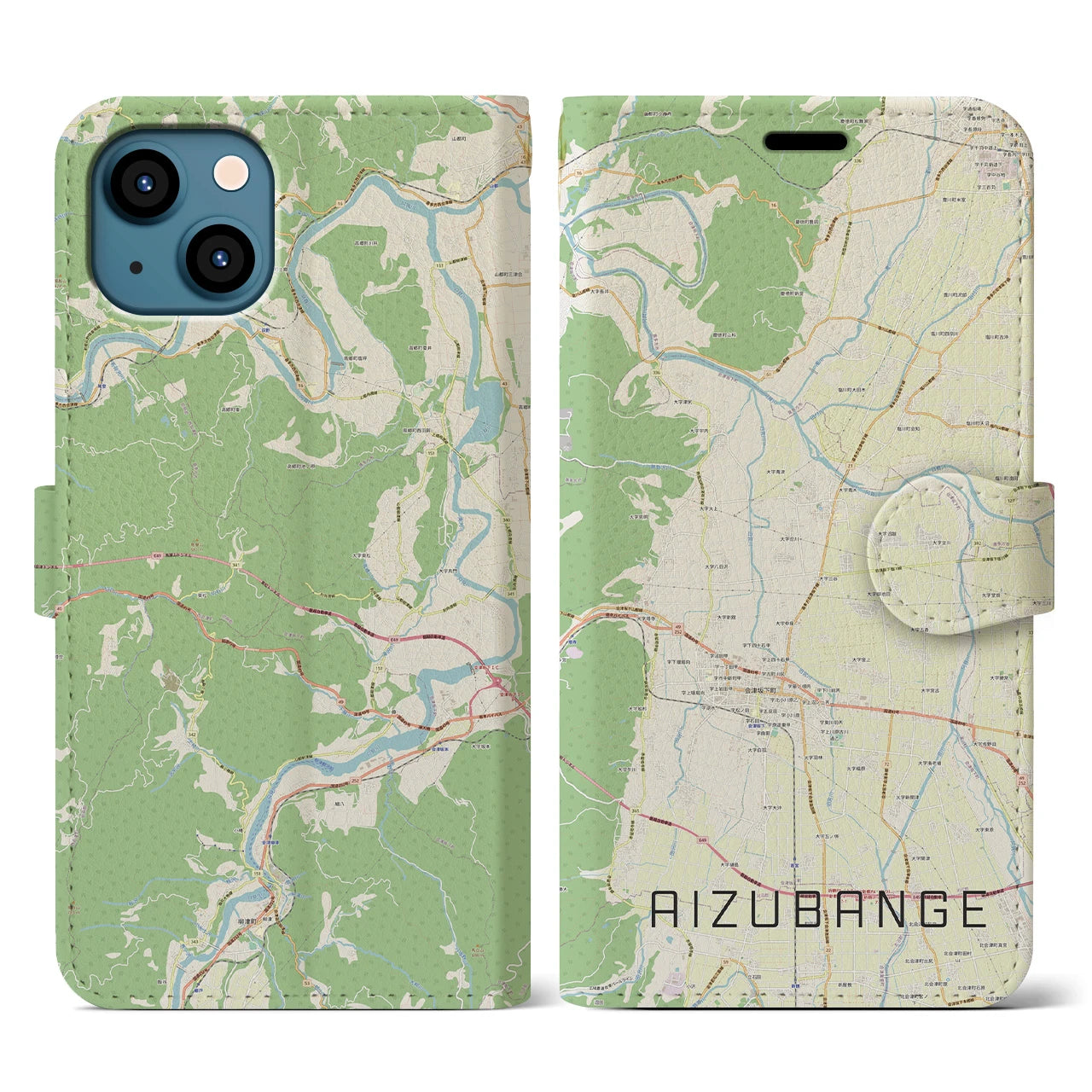 【会津坂下(福島県)】地図柄iPhoneケース(手帳タイプ)ナチュラル・iPhone 13 用