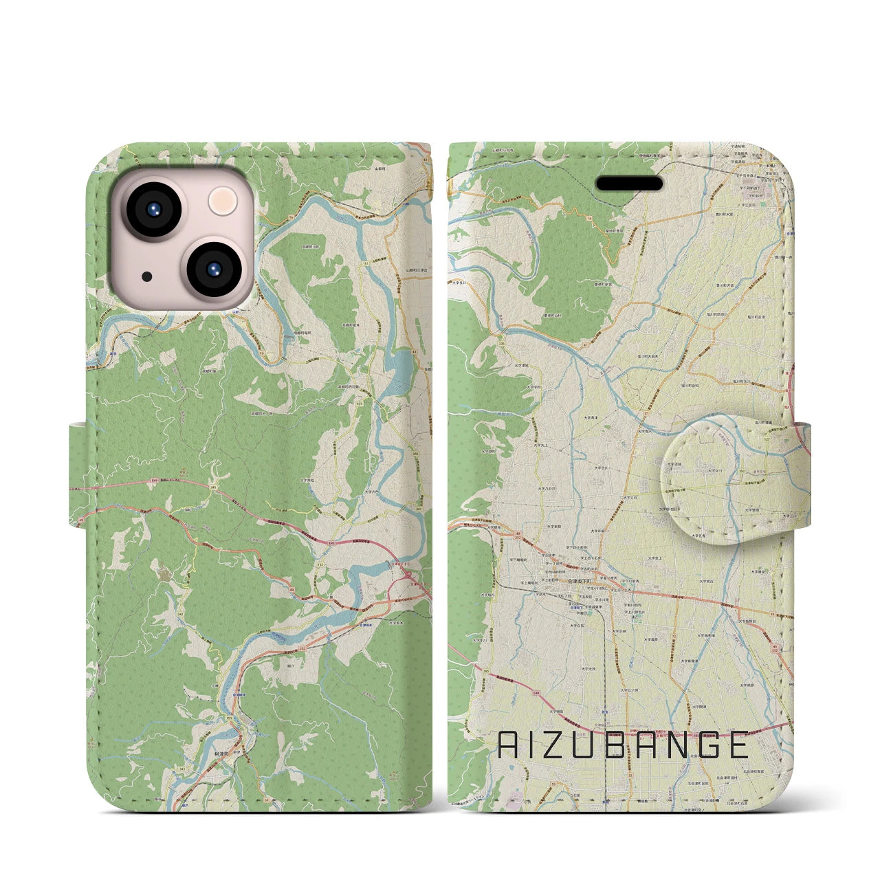 【会津坂下(福島県)】地図柄iPhoneケース(手帳タイプ)ナチュラル・iPhone 13 mini 用