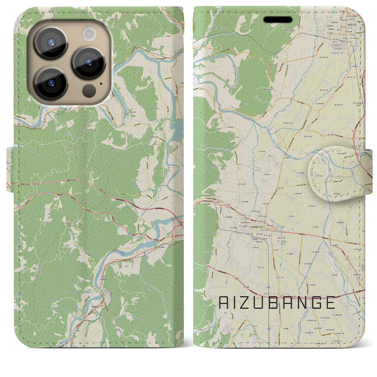 【会津坂下(福島県)】地図柄iPhoneケース(手帳タイプ)ナチュラル・iPhone 14 Pro Max 用