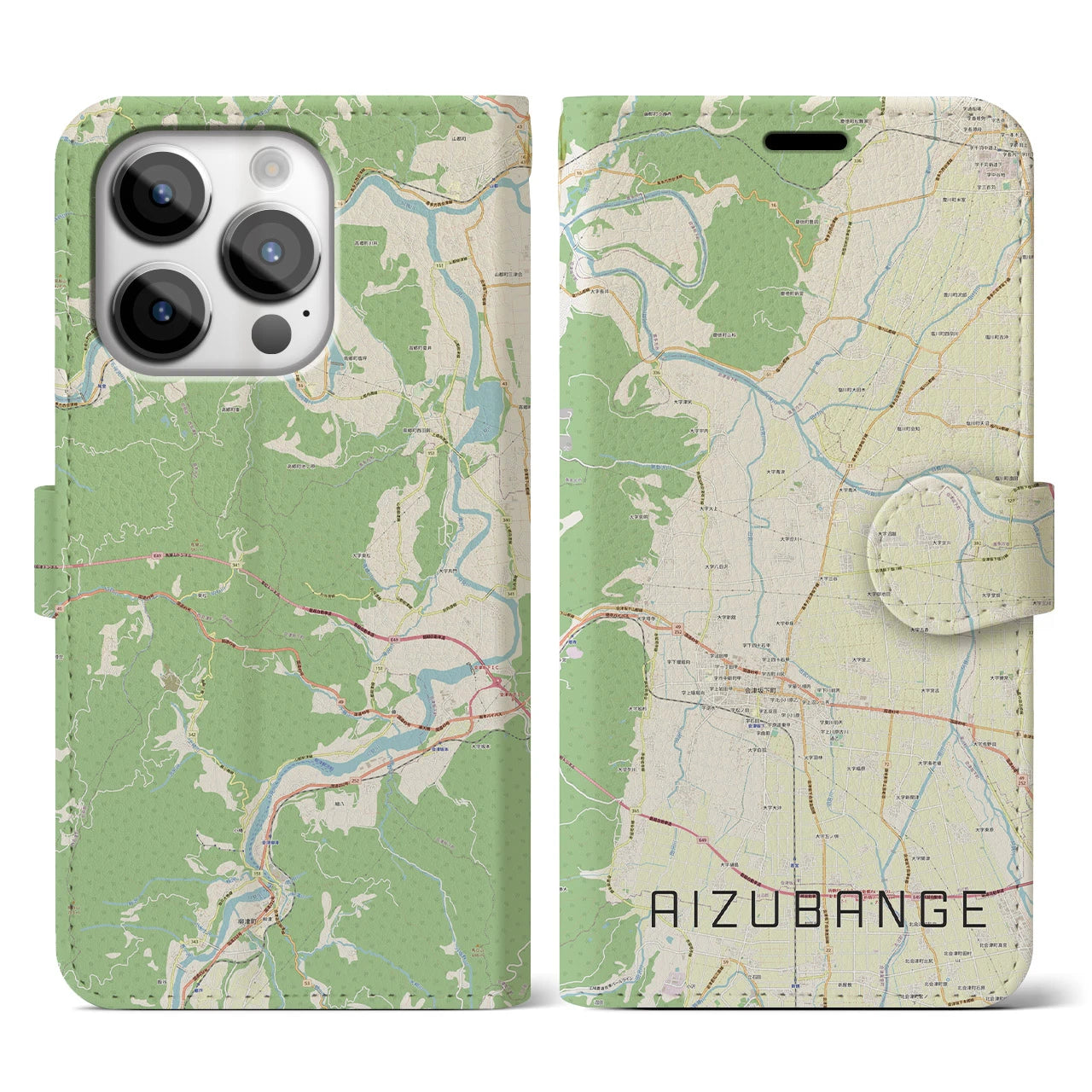 【会津坂下(福島県)】地図柄iPhoneケース(手帳タイプ)ナチュラル・iPhone 14 Pro 用