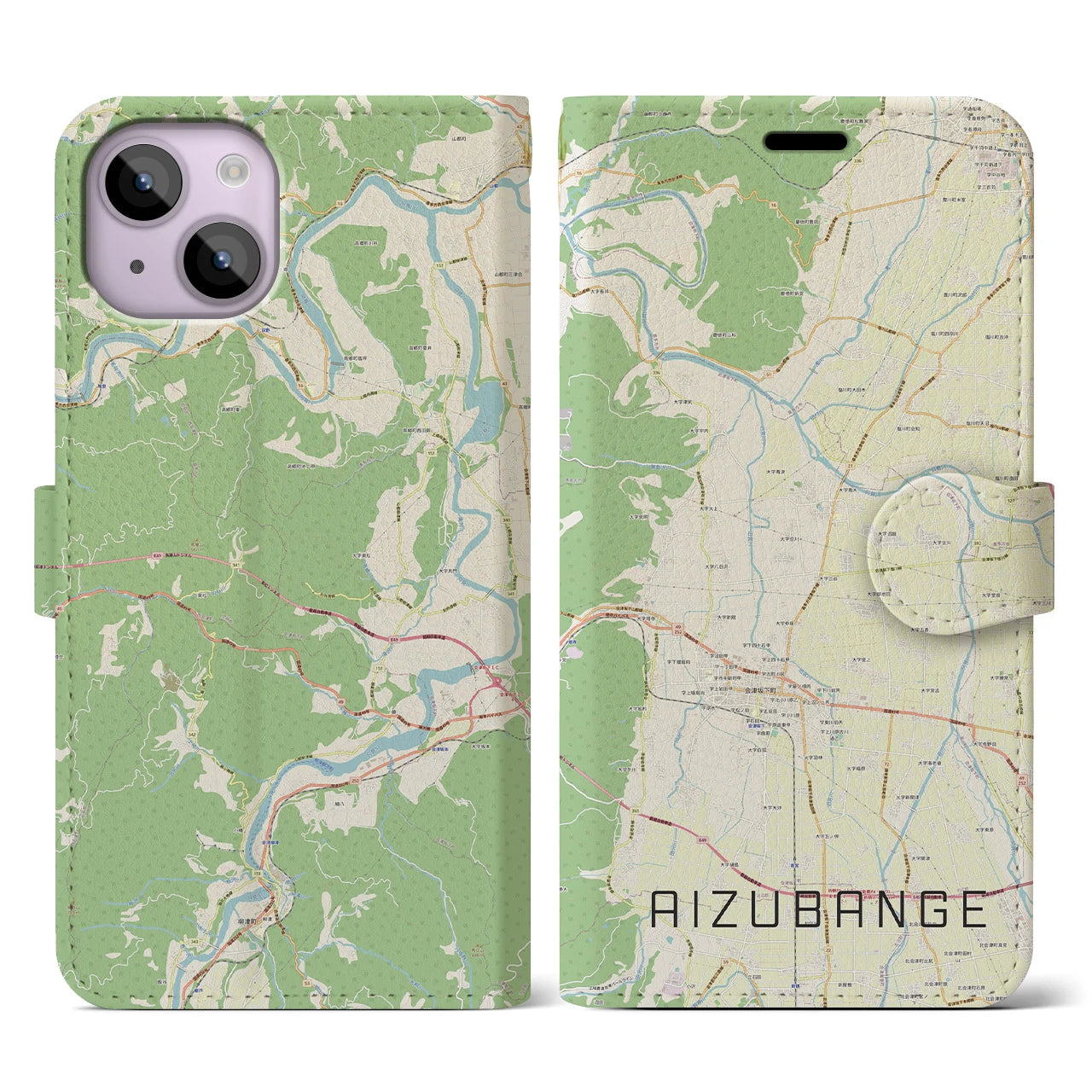 【会津坂下(福島県)】地図柄iPhoneケース(手帳タイプ)ナチュラル・iPhone 14 用