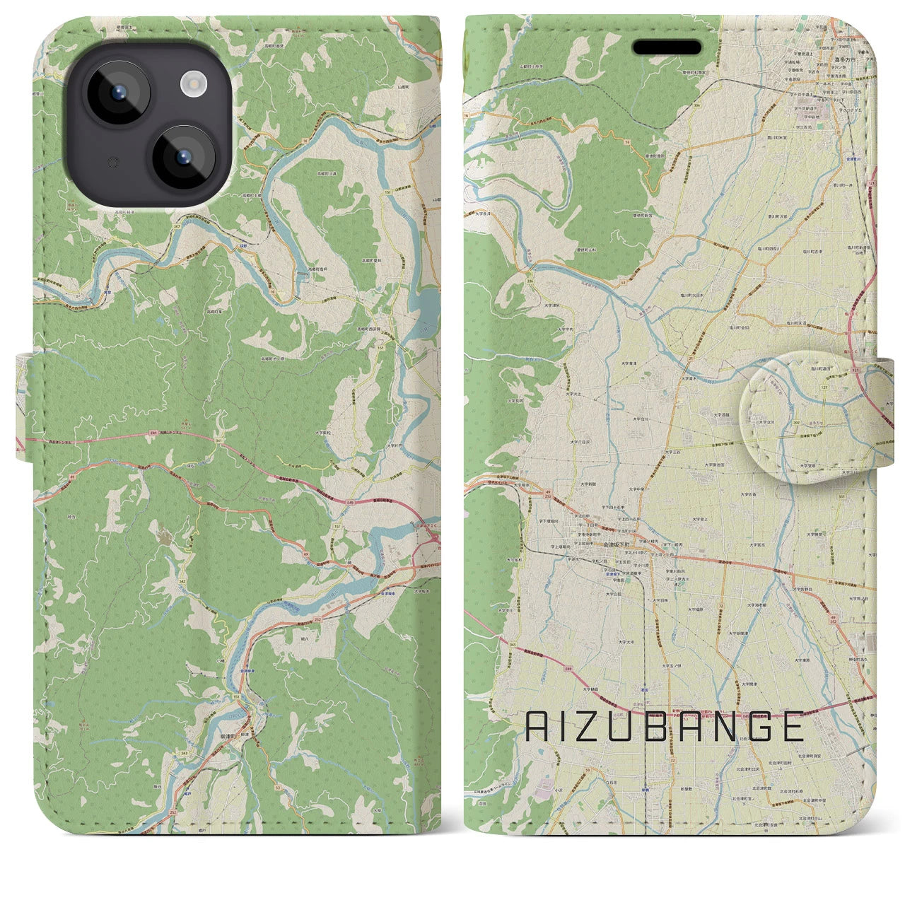 【会津坂下(福島県)】地図柄iPhoneケース(手帳タイプ)ナチュラル・iPhone 14 Plus 用