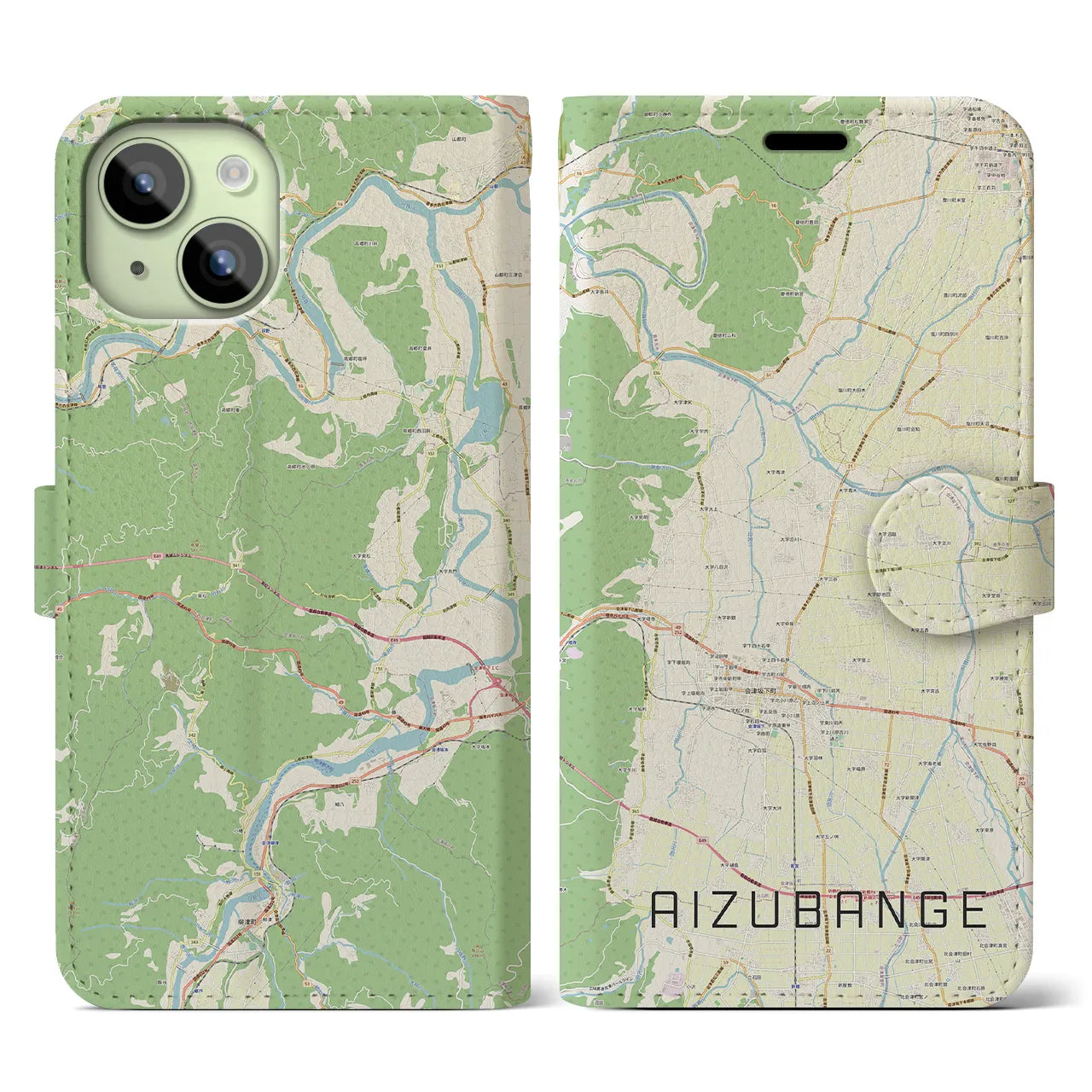 【会津坂下(福島県)】地図柄iPhoneケース(手帳タイプ)ナチュラル・iPhone 15 用