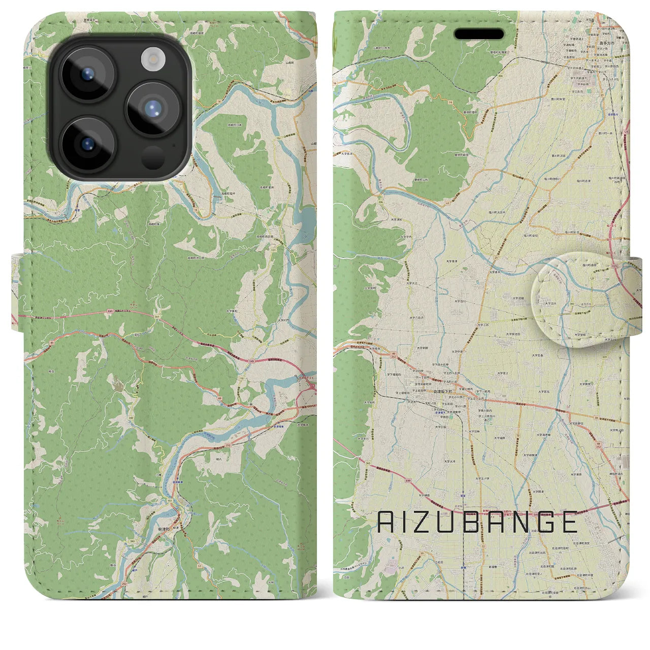 【会津坂下(福島県)】地図柄iPhoneケース(手帳タイプ)ナチュラル・iPhone 15 Pro Max 用