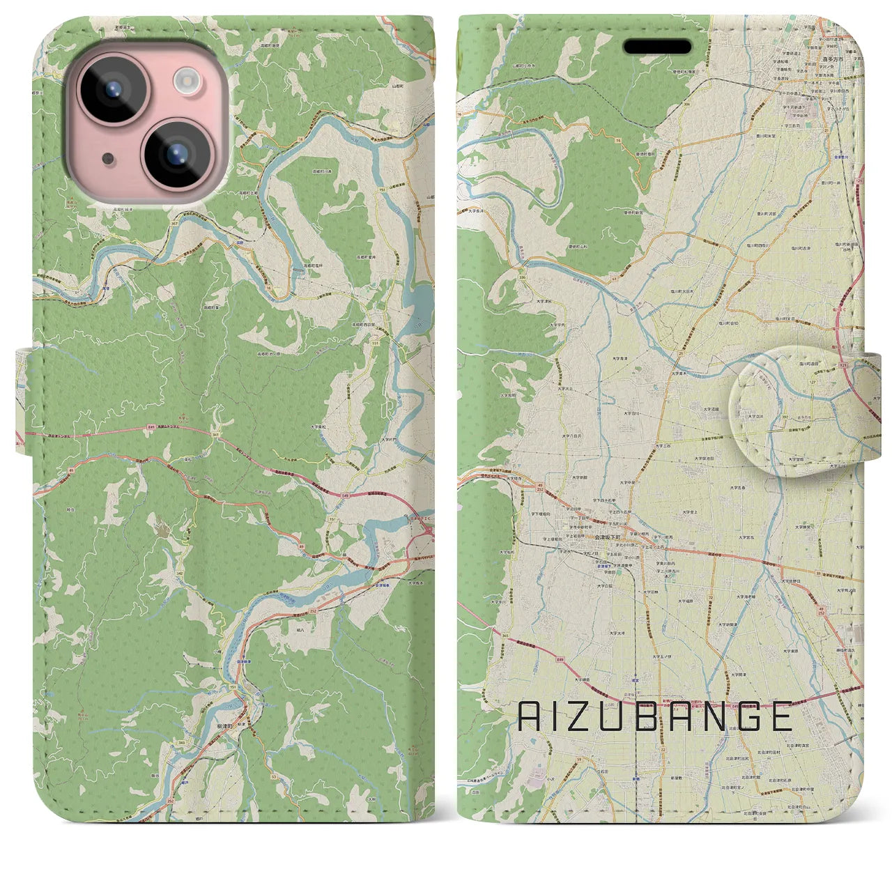 【会津坂下(福島県)】地図柄iPhoneケース(手帳タイプ)ナチュラル・iPhone 15 Plus 用