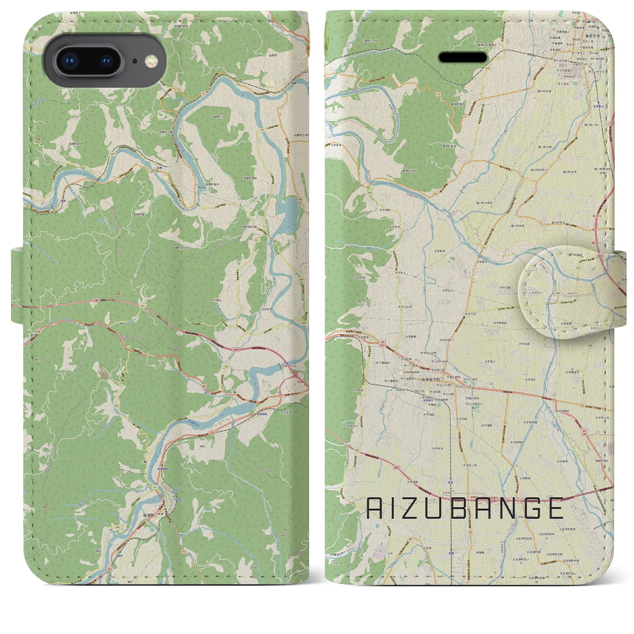 【会津坂下(福島県)】地図柄iPhoneケース(手帳タイプ)ナチュラル・iPhone 8Plus /7Plus / 6sPlus / 6Plus 用