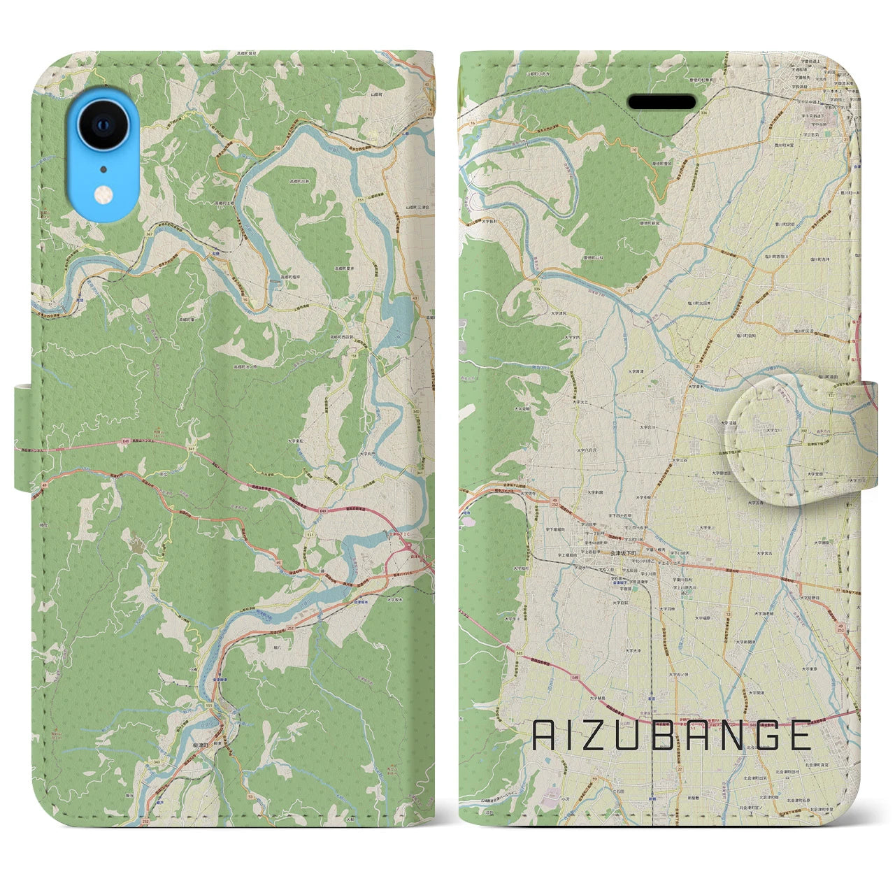 【会津坂下(福島県)】地図柄iPhoneケース(手帳タイプ)ナチュラル・iPhone XR 用
