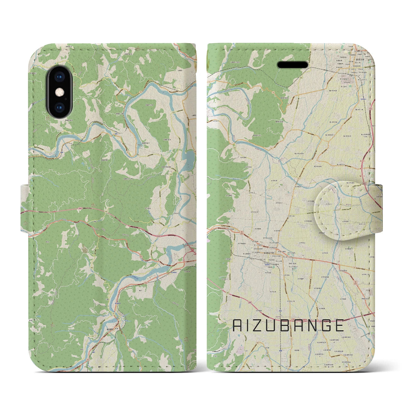 【会津坂下(福島県)】地図柄iPhoneケース(手帳タイプ)ナチュラル・iPhone XS / X 用