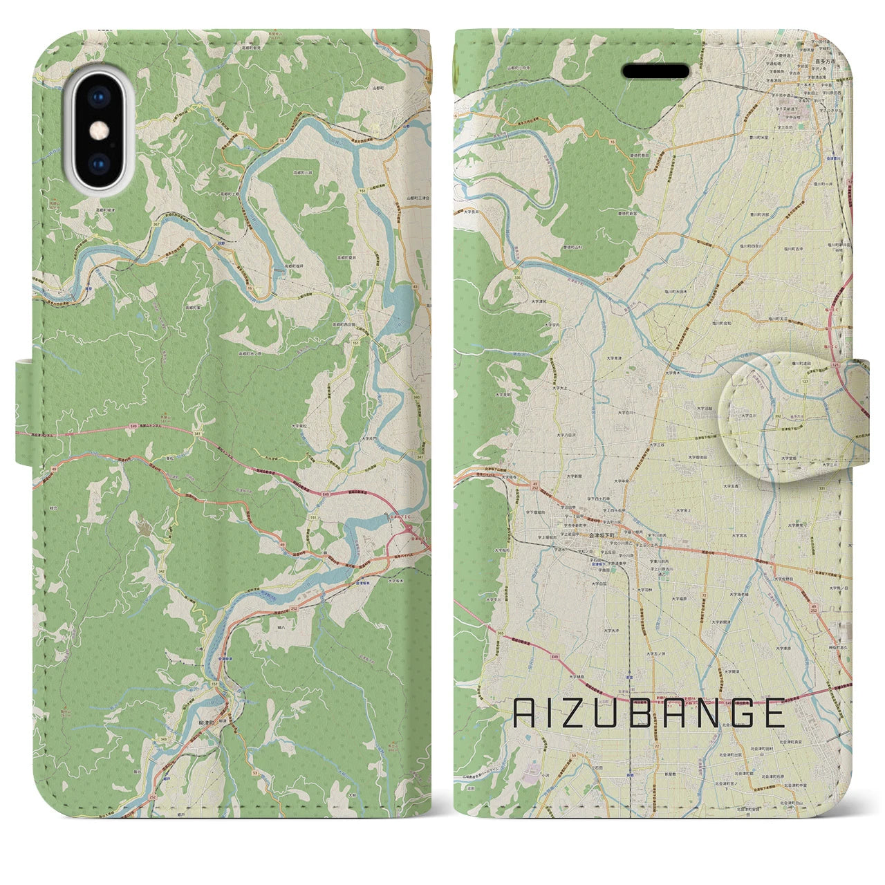【会津坂下(福島県)】地図柄iPhoneケース(手帳タイプ)ナチュラル・iPhone XS Max 用