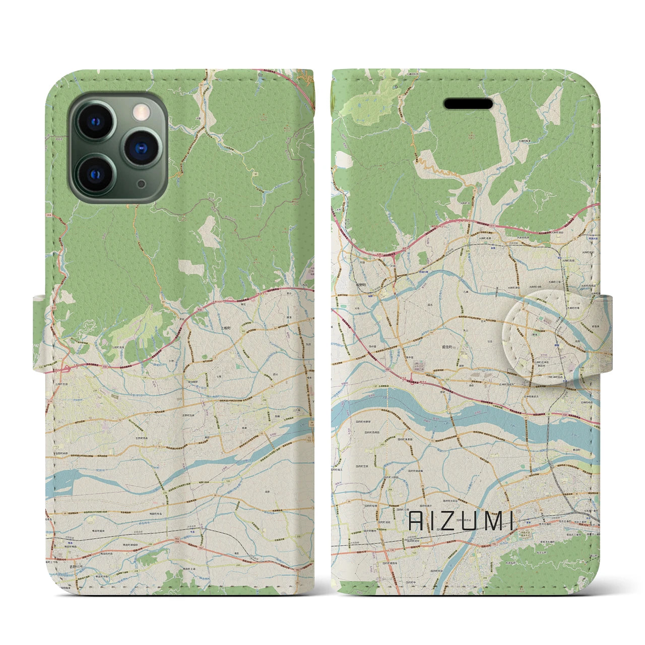 【藍住(徳島県)】地図柄iPhoneケース(手帳タイプ)ナチュラル・iPhone 11 Pro 用