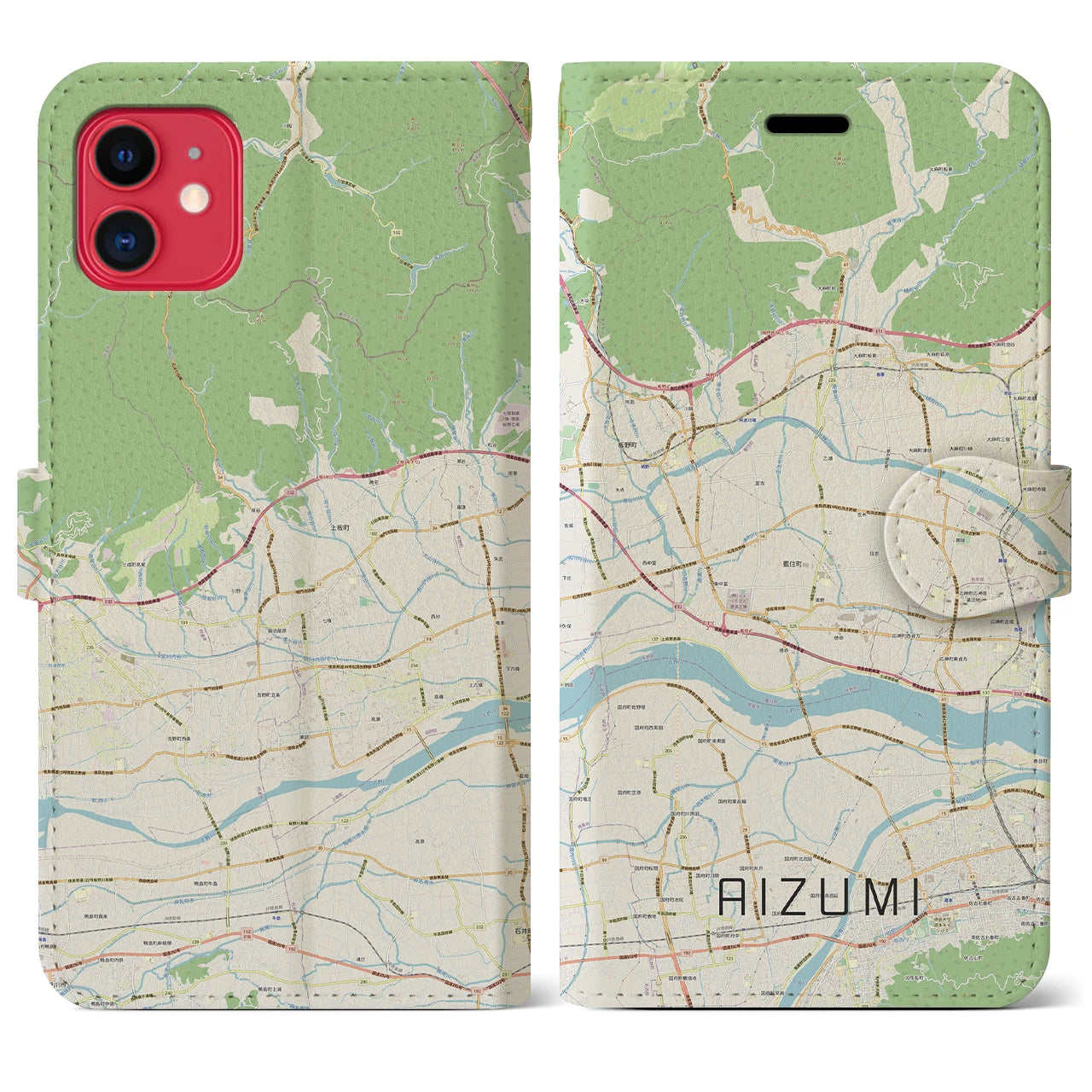 【藍住(徳島県)】地図柄iPhoneケース(手帳タイプ)ナチュラル・iPhone 11 用