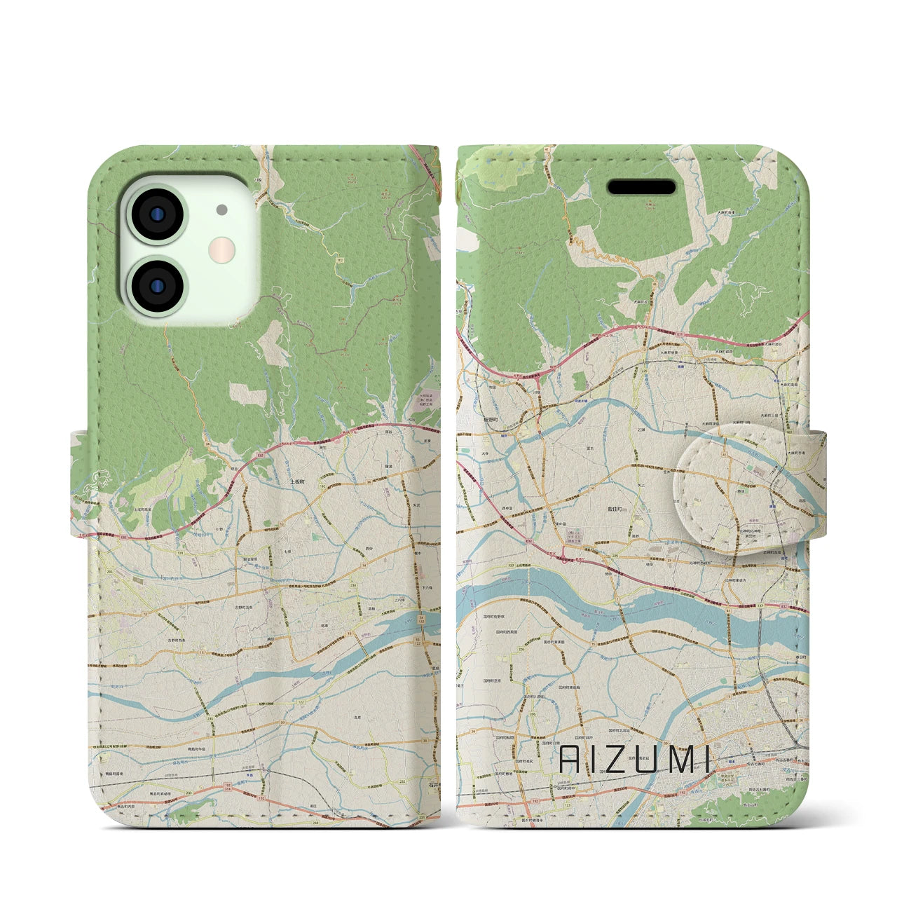 【藍住(徳島県)】地図柄iPhoneケース(手帳タイプ)ナチュラル・iPhone 12 mini 用