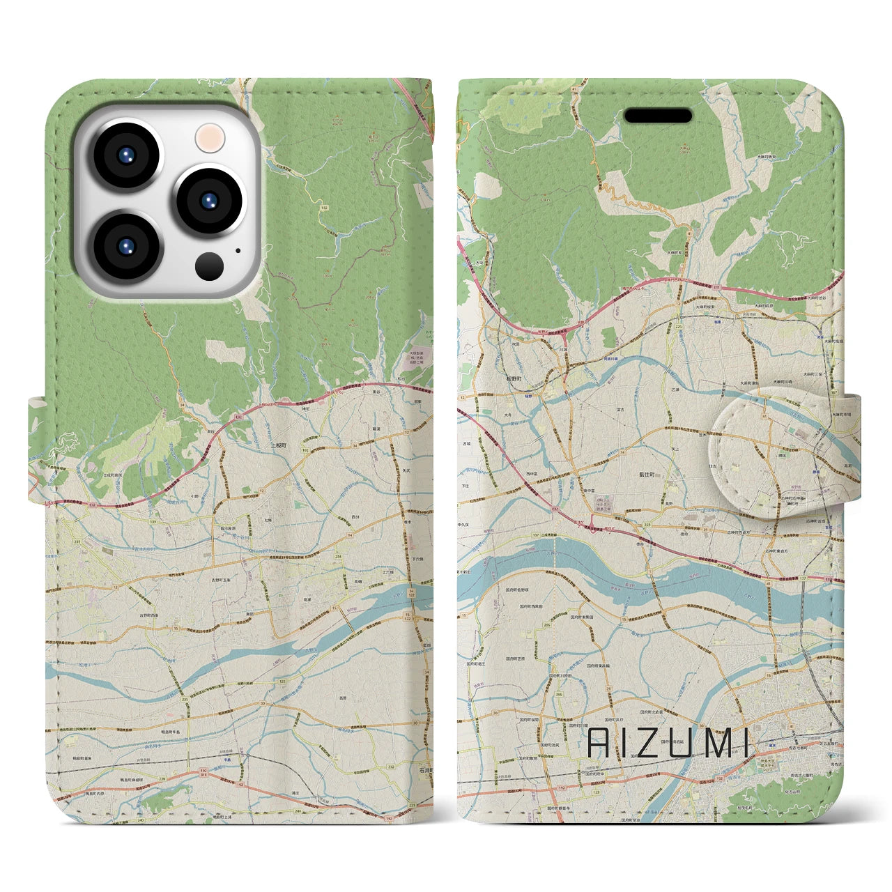 【藍住(徳島県)】地図柄iPhoneケース(手帳タイプ)ナチュラル・iPhone 13 Pro 用