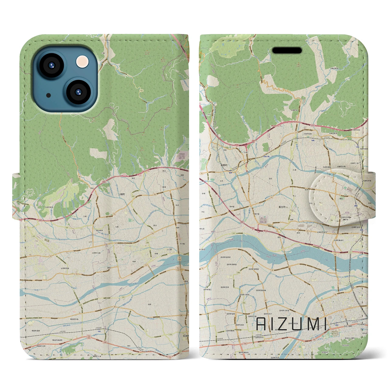 【藍住(徳島県)】地図柄iPhoneケース(手帳タイプ)ナチュラル・iPhone 13 用