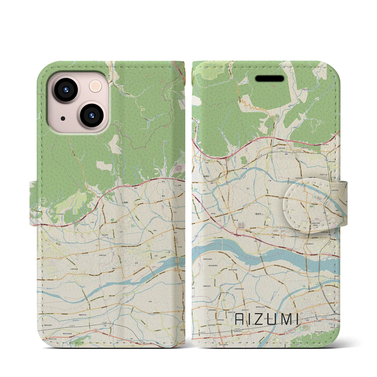 【藍住(徳島県)】地図柄iPhoneケース(手帳タイプ)ナチュラル・iPhone 13 mini 用
