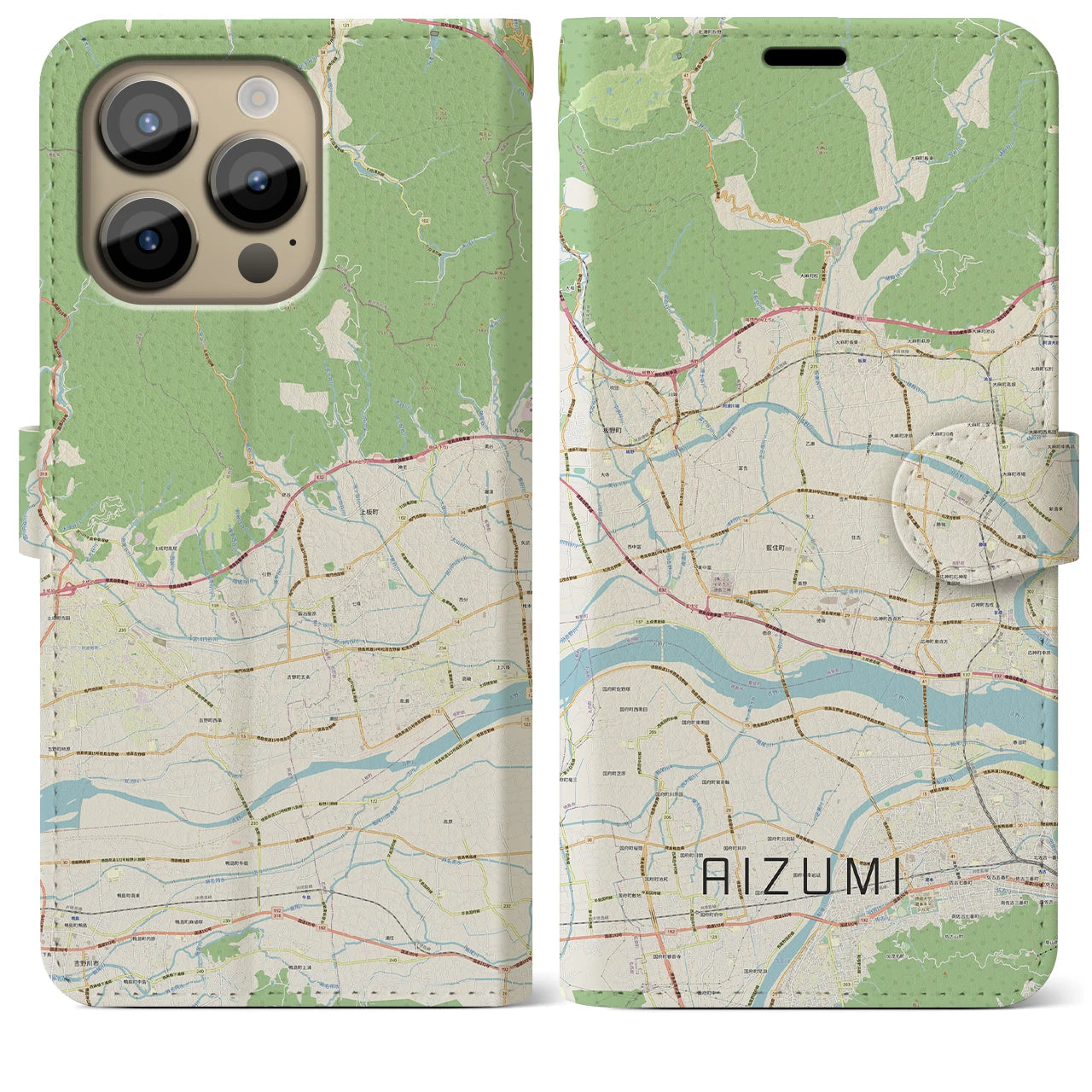 【藍住(徳島県)】地図柄iPhoneケース(手帳タイプ)ナチュラル・iPhone 14 Pro Max 用