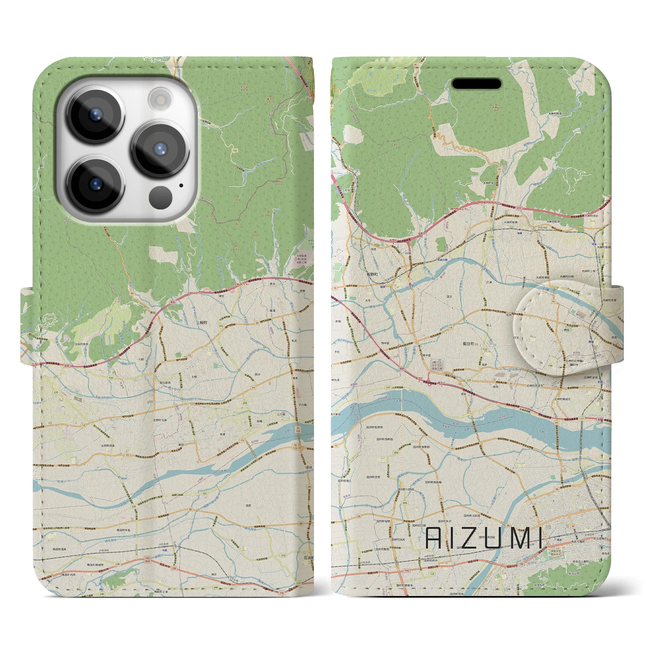 【藍住(徳島県)】地図柄iPhoneケース(手帳タイプ)ナチュラル・iPhone 14 Pro 用