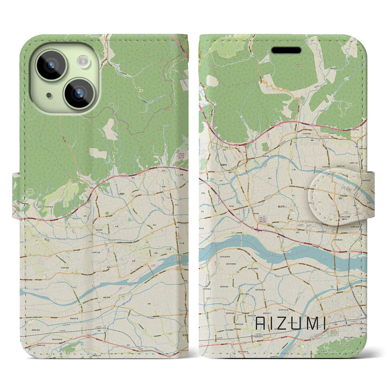 【藍住(徳島県)】地図柄iPhoneケース(手帳タイプ)ナチュラル・iPhone 15 用