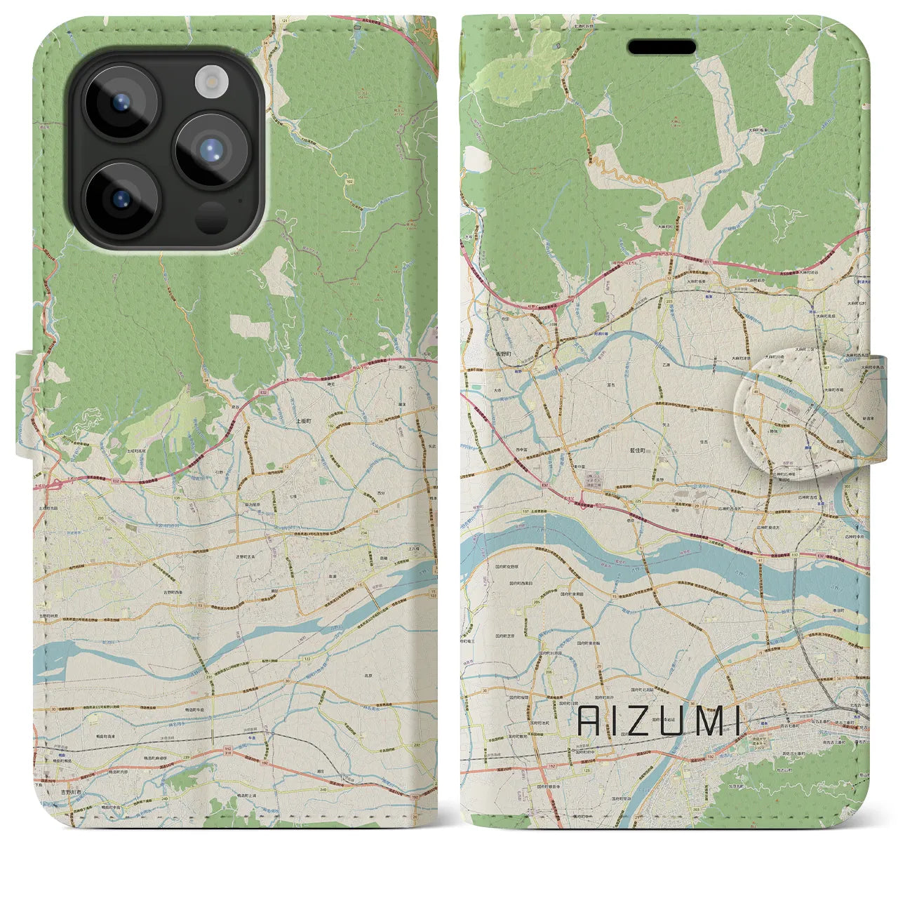 【藍住(徳島県)】地図柄iPhoneケース(手帳タイプ)ナチュラル・iPhone 15 Pro Max 用