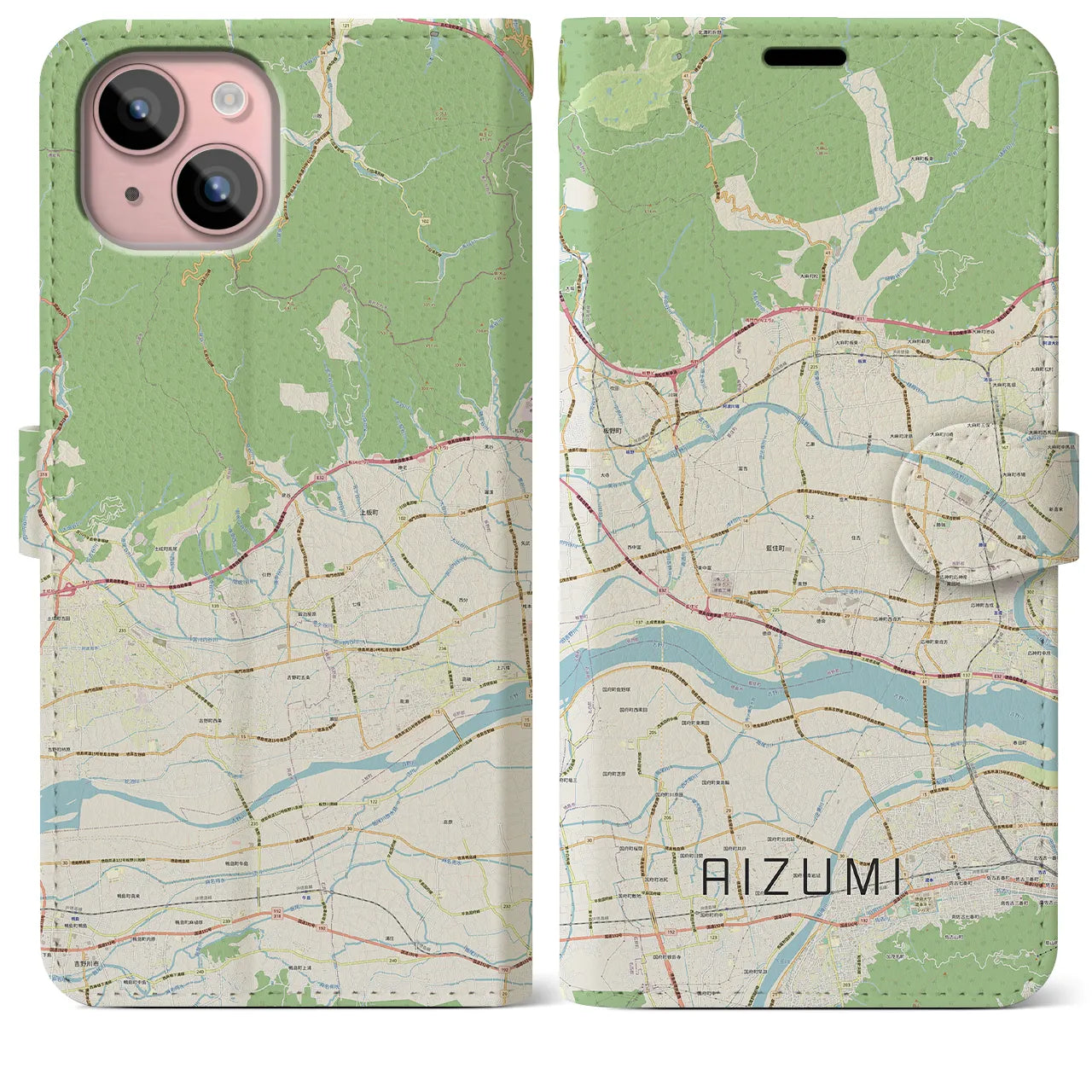 【藍住(徳島県)】地図柄iPhoneケース(手帳タイプ)ナチュラル・iPhone 15 Plus 用