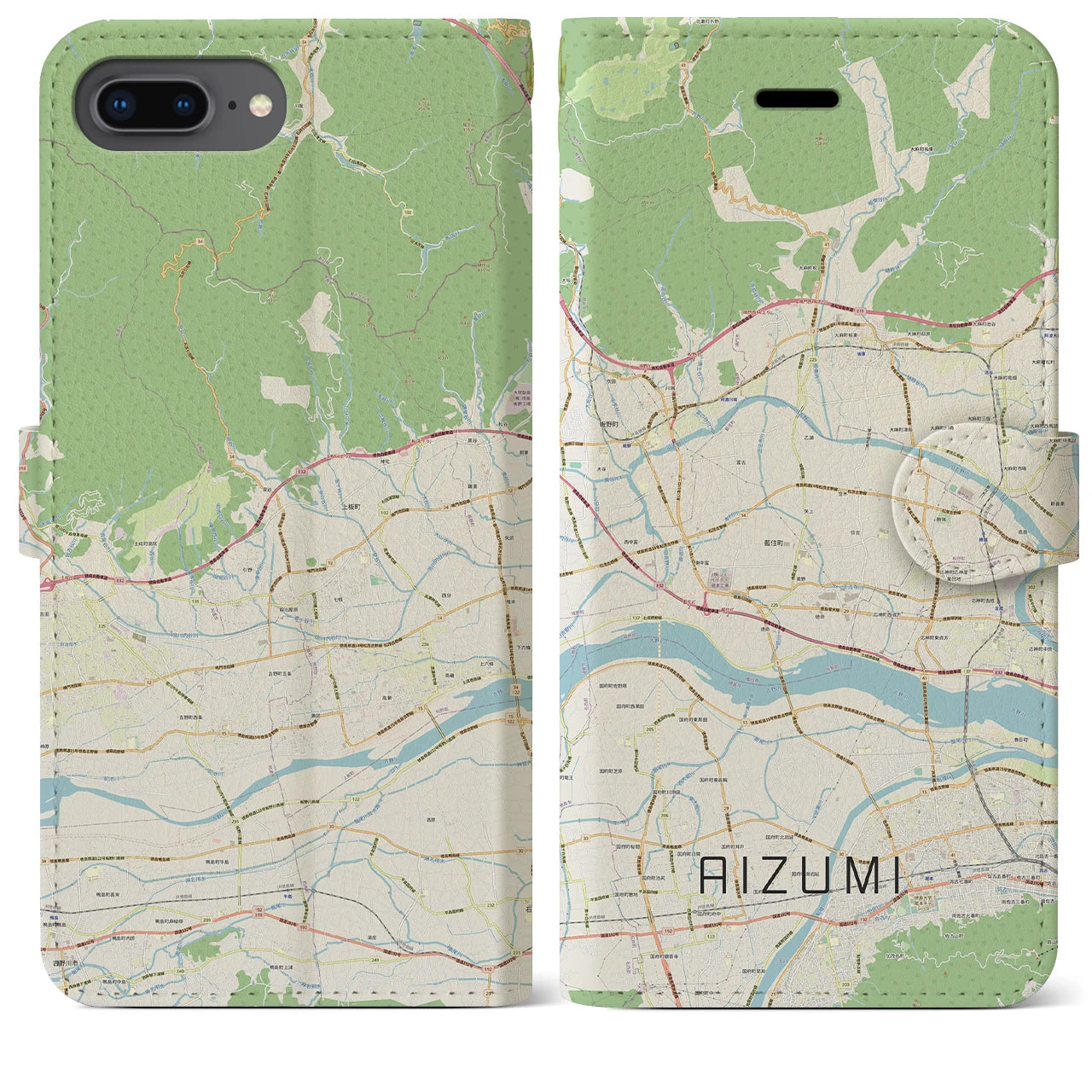 【藍住(徳島県)】地図柄iPhoneケース(手帳タイプ)ナチュラル・iPhone 8Plus /7Plus / 6sPlus / 6Plus 用