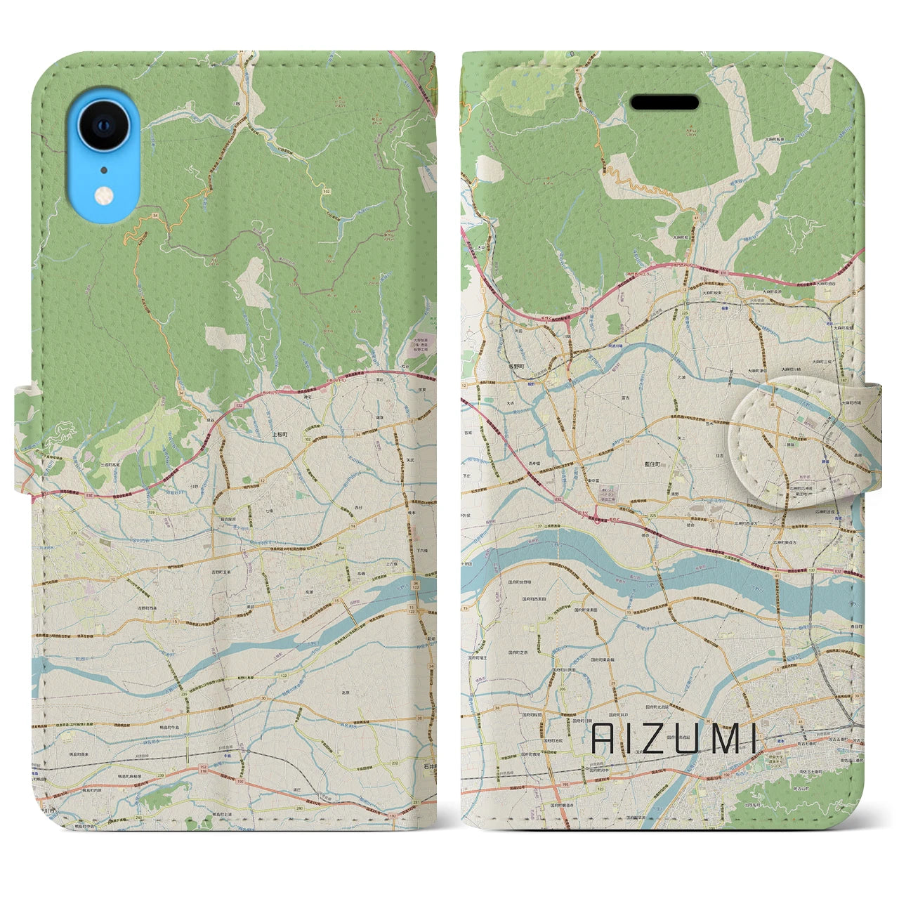 【藍住(徳島県)】地図柄iPhoneケース(手帳タイプ)ナチュラル・iPhone XR 用