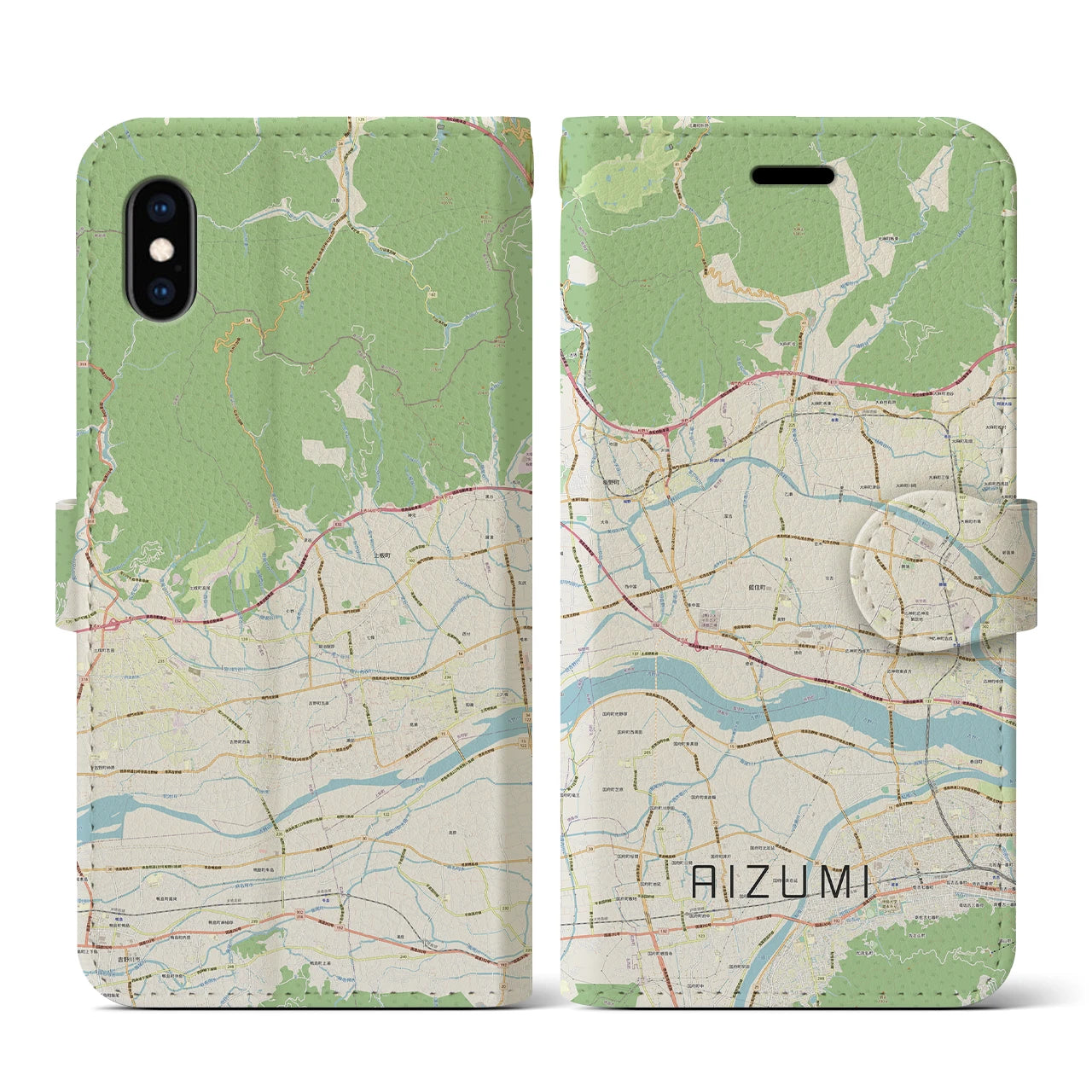 【藍住(徳島県)】地図柄iPhoneケース(手帳タイプ)ナチュラル・iPhone XS / X 用