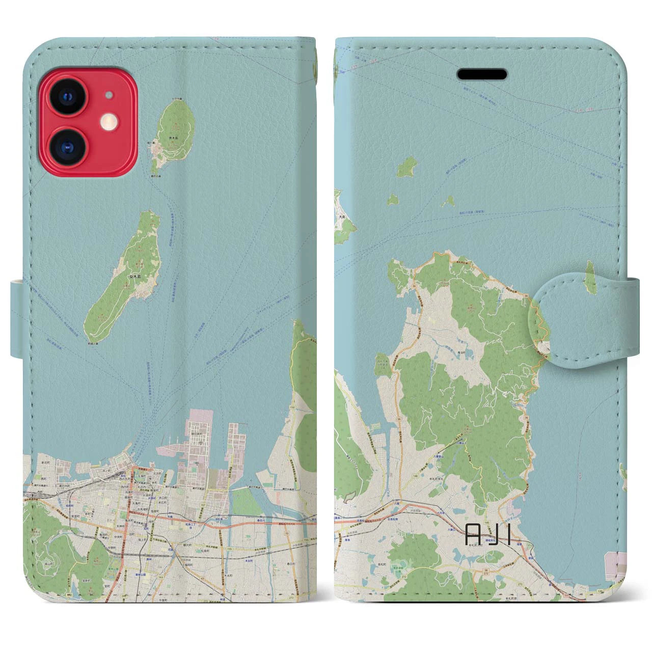 【庵治(香川県)】地図柄iPhoneケース(手帳タイプ)ナチュラル・iPhone 11 用