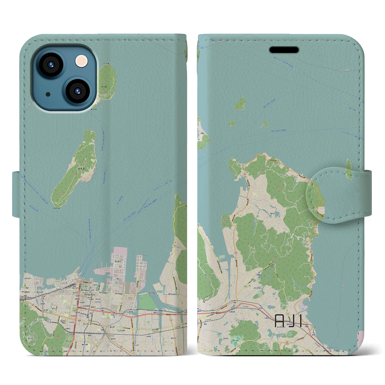 【庵治(香川県)】地図柄iPhoneケース(手帳タイプ)ナチュラル・iPhone 13 用