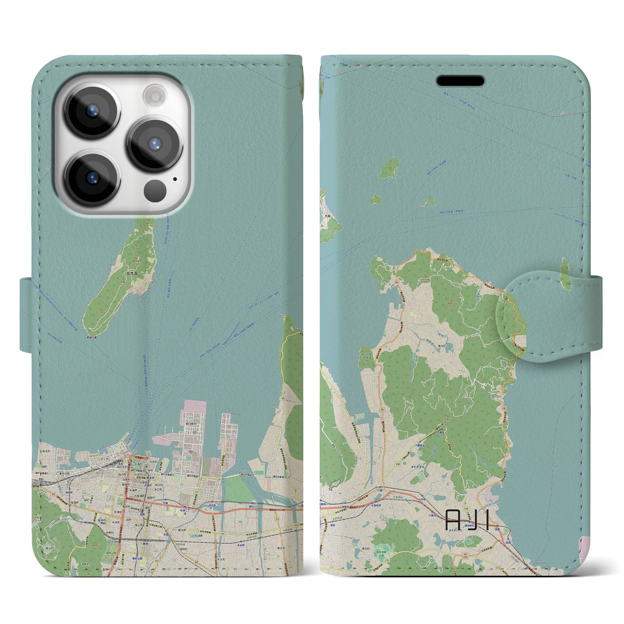 【庵治(香川県)】地図柄iPhoneケース(手帳タイプ)ナチュラル・iPhone 14 Pro 用