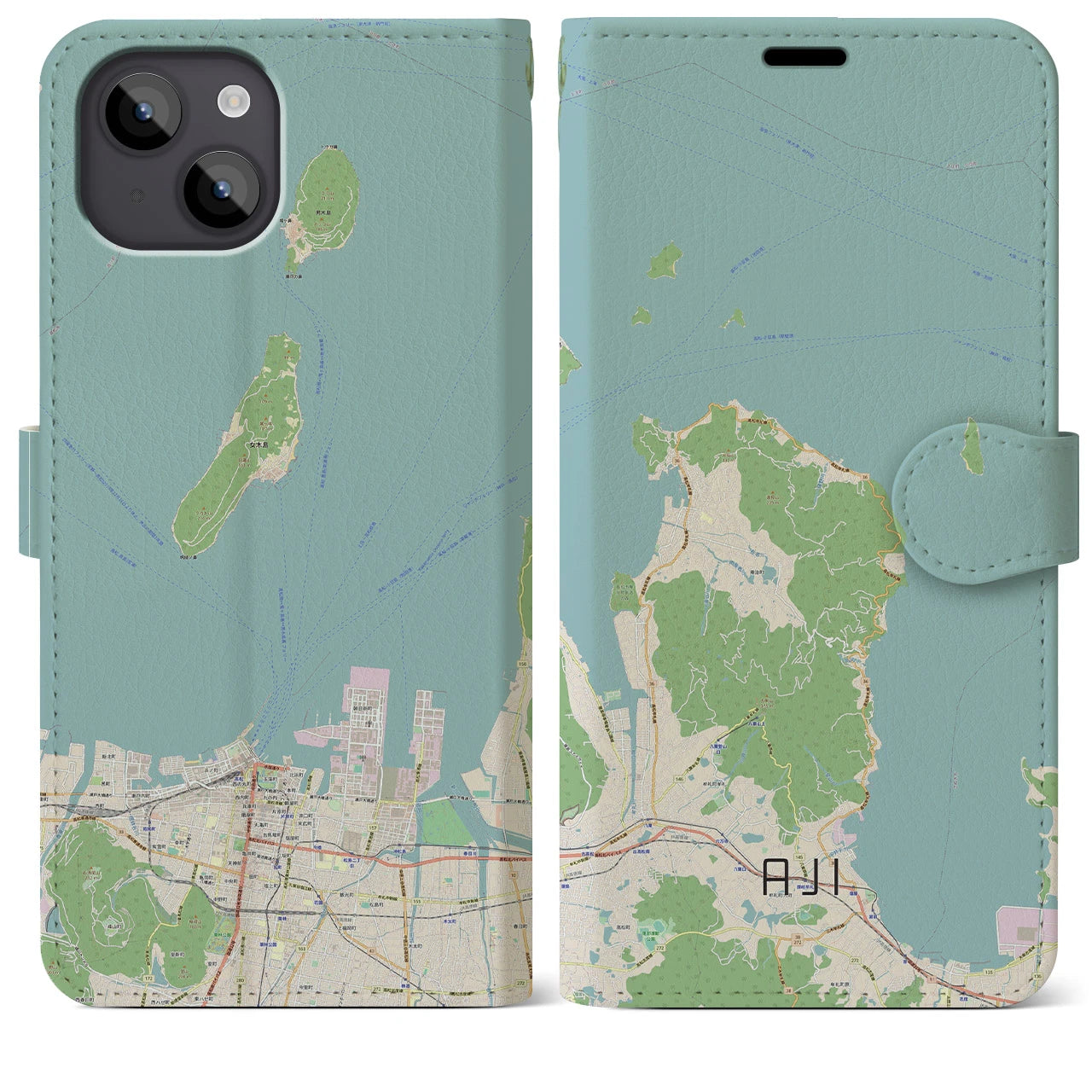 【庵治(香川県)】地図柄iPhoneケース(手帳タイプ)ナチュラル・iPhone 14 Plus 用