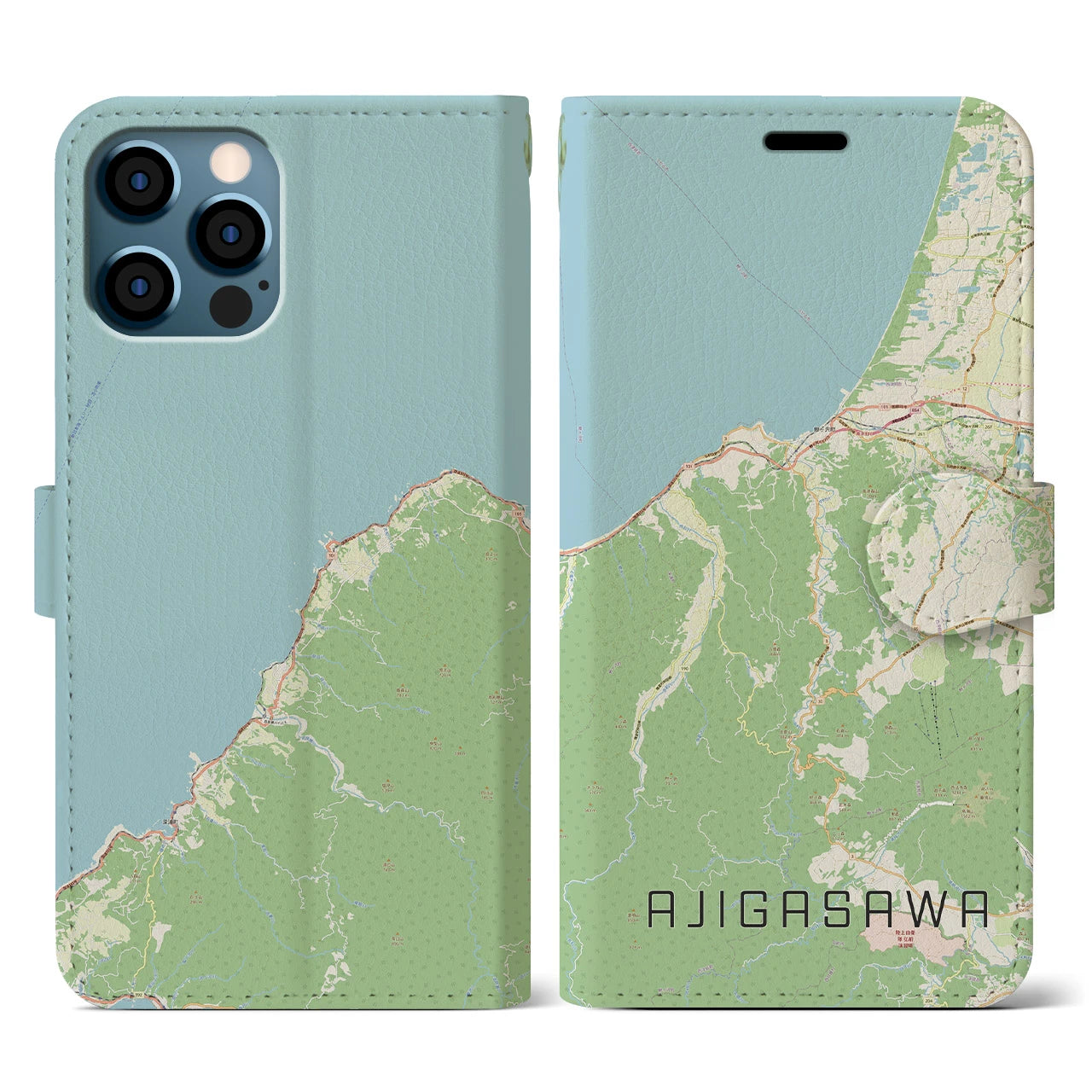 【鰺ヶ沢(青森県)】地図柄iPhoneケース(手帳タイプ)ナチュラル・iPhone 12 / 12 Pro 用