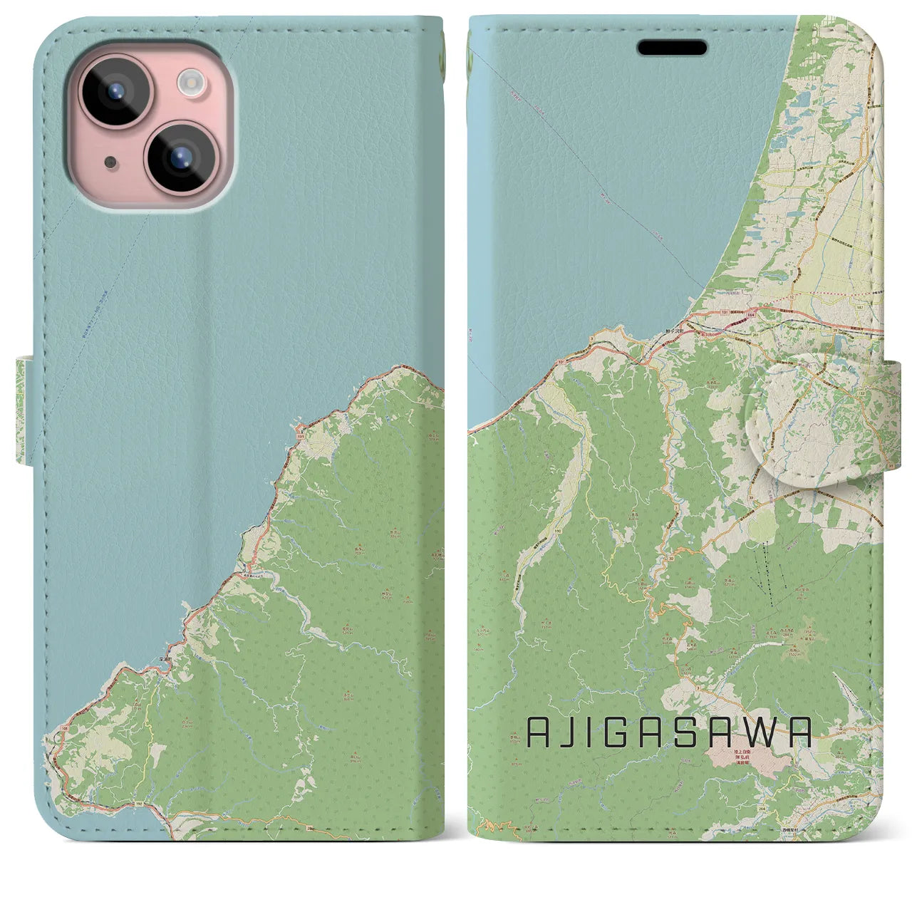 【鰺ヶ沢(青森県)】地図柄iPhoneケース(手帳タイプ)ナチュラル・iPhone 15 Plus 用