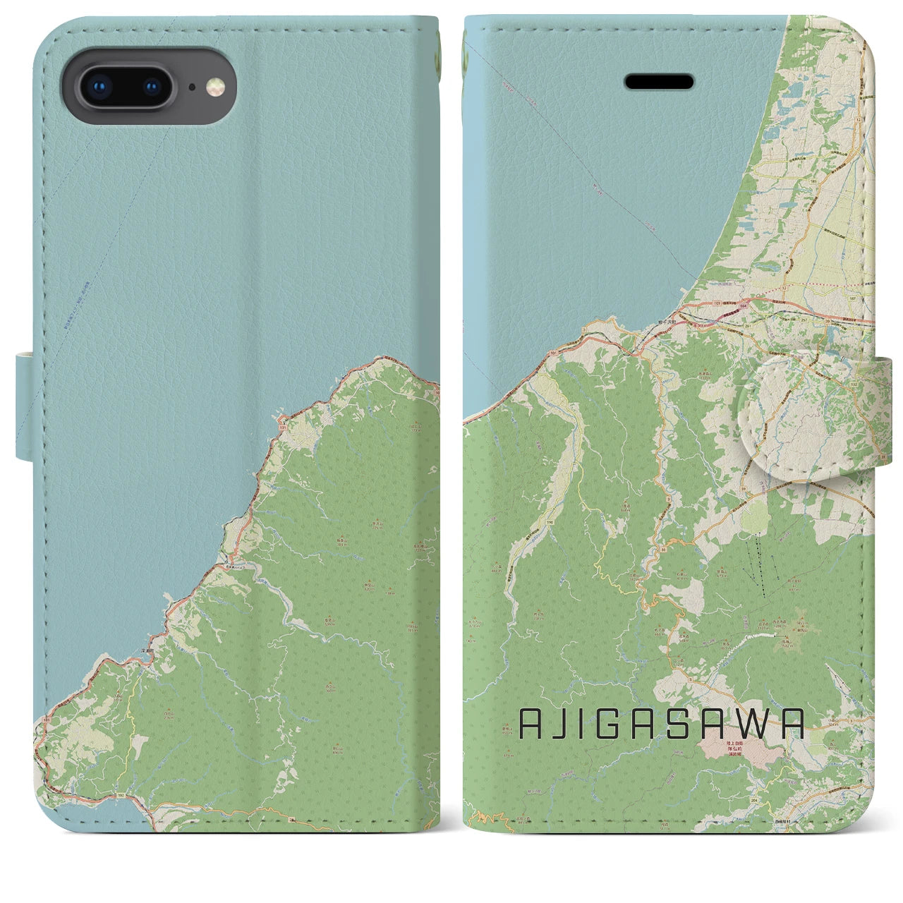 【鰺ヶ沢(青森県)】地図柄iPhoneケース(手帳タイプ)ナチュラル・iPhone 8Plus /7Plus / 6sPlus / 6Plus 用