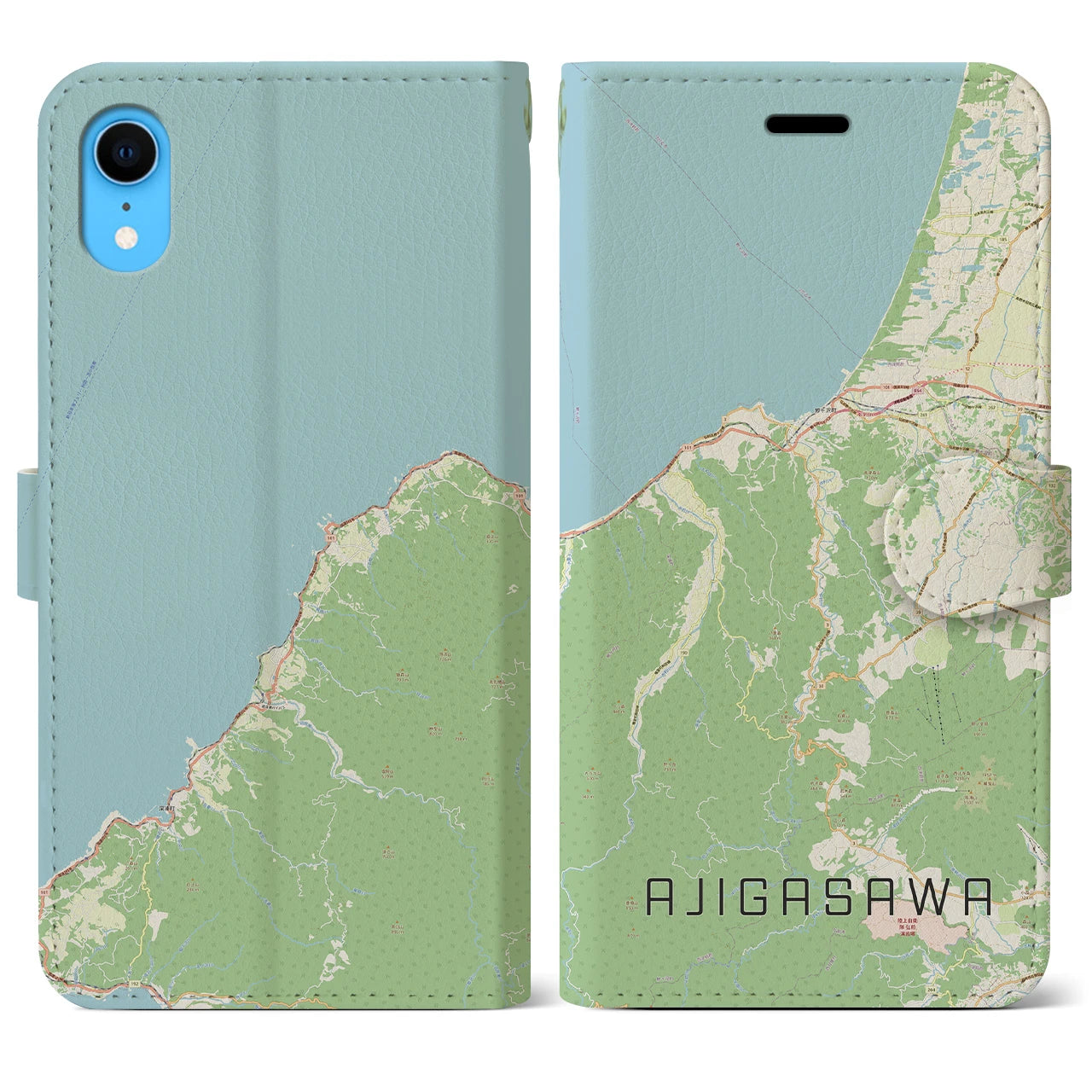 【鰺ヶ沢(青森県)】地図柄iPhoneケース(手帳タイプ)ナチュラル・iPhone XR 用