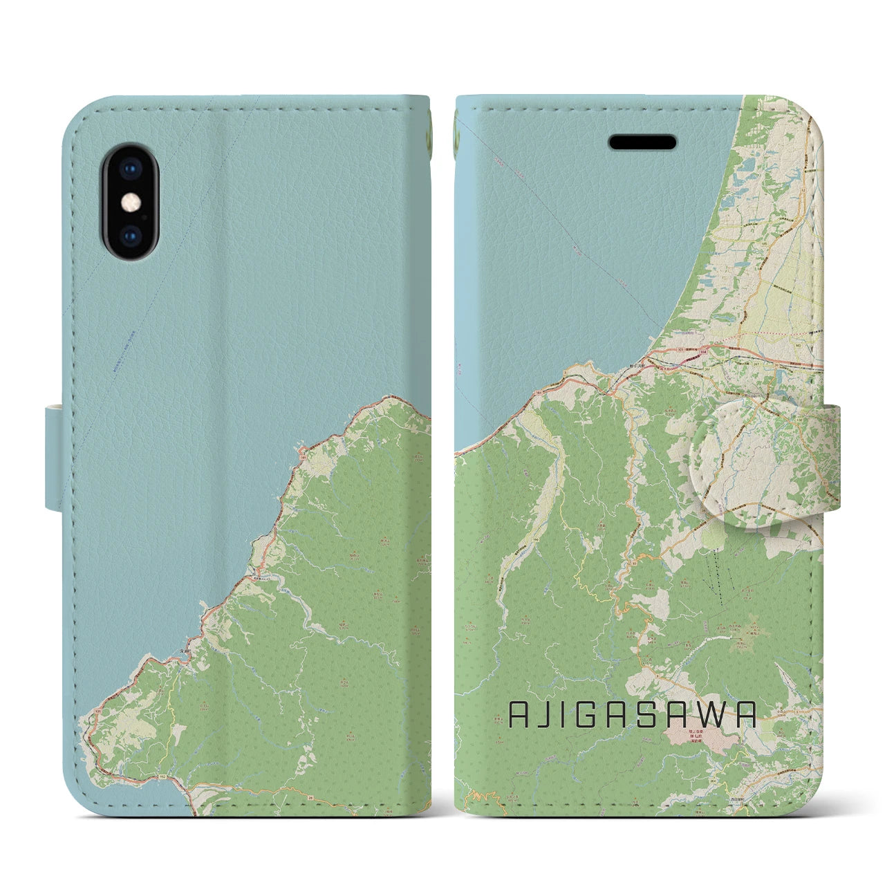 【鰺ヶ沢(青森県)】地図柄iPhoneケース(手帳タイプ)ナチュラル・iPhone XS / X 用