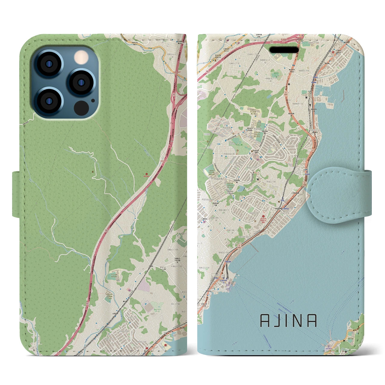 【阿品(広島県)】地図柄iPhoneケース(手帳タイプ)ナチュラル・iPhone 12 / 12 Pro 用