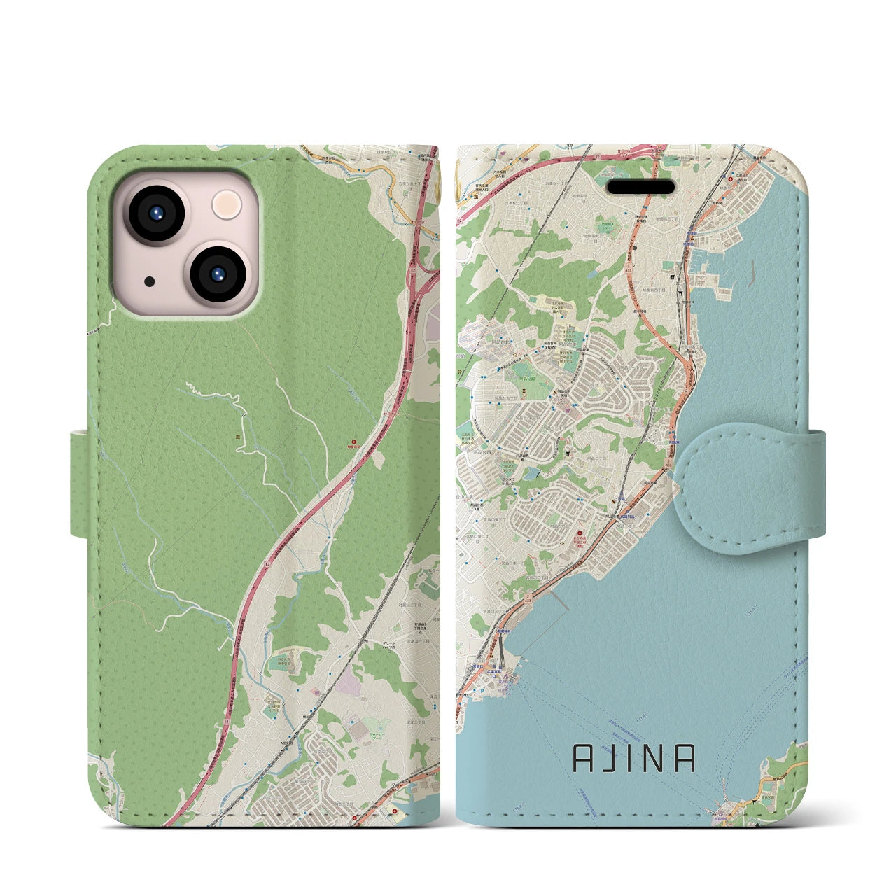 【阿品(広島県)】地図柄iPhoneケース(手帳タイプ)ナチュラル・iPhone 13 mini 用