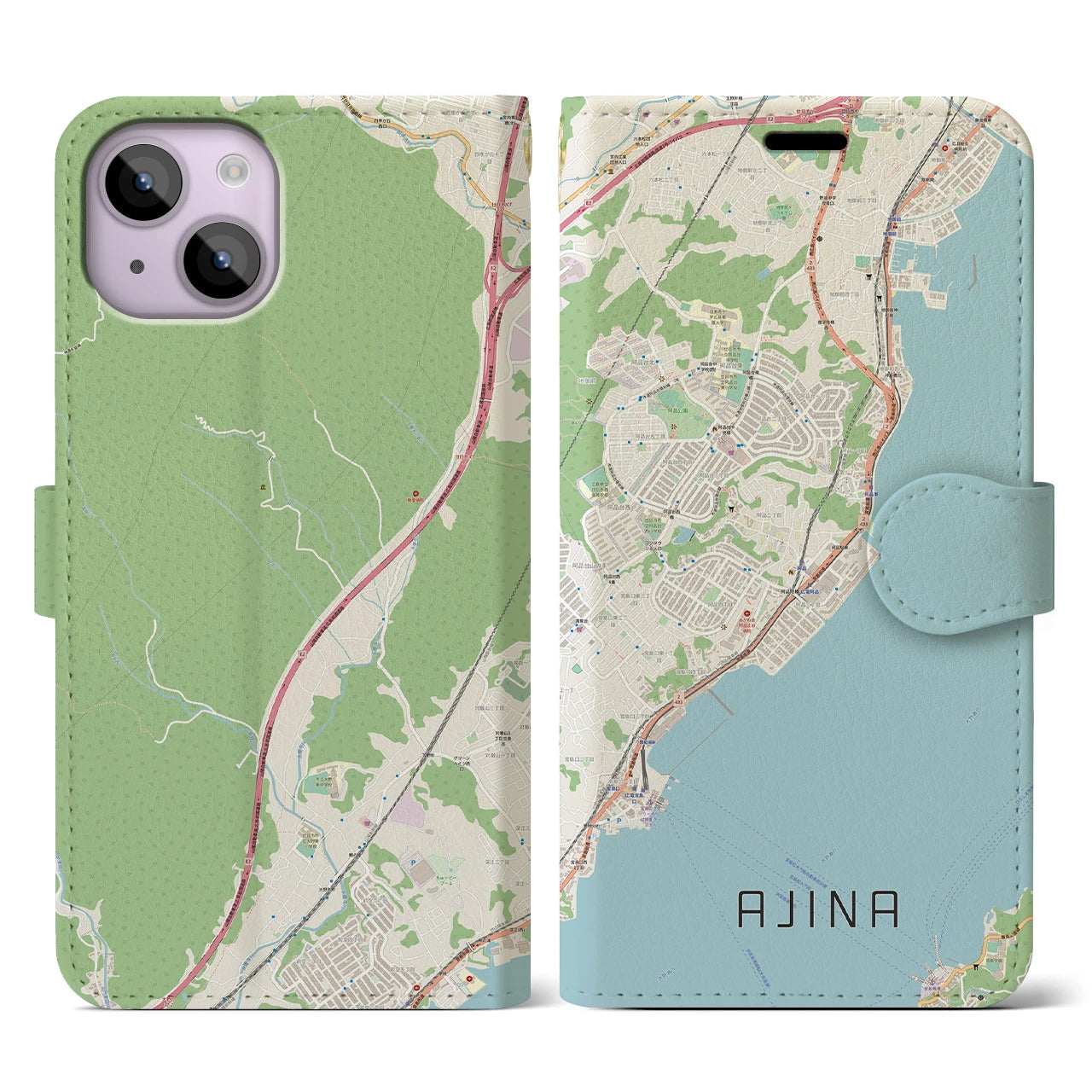 【阿品(広島県)】地図柄iPhoneケース(手帳タイプ)ナチュラル・iPhone 14 用
