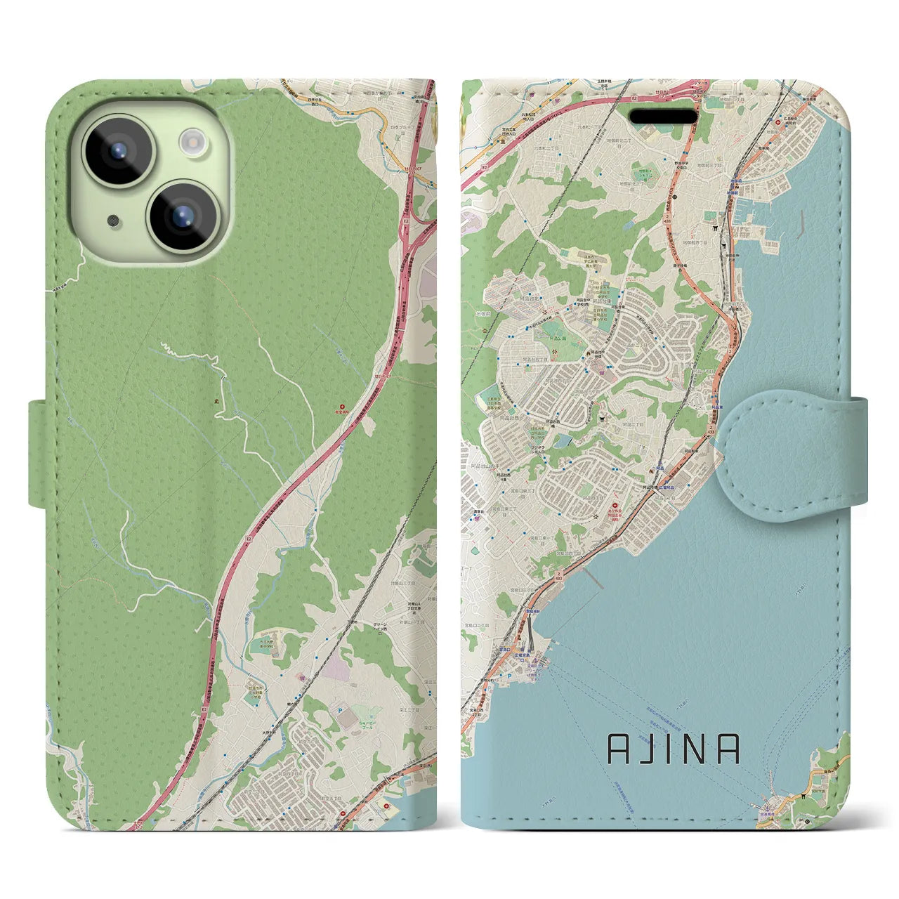 【阿品(広島県)】地図柄iPhoneケース(手帳タイプ)ナチュラル・iPhone 15 用
