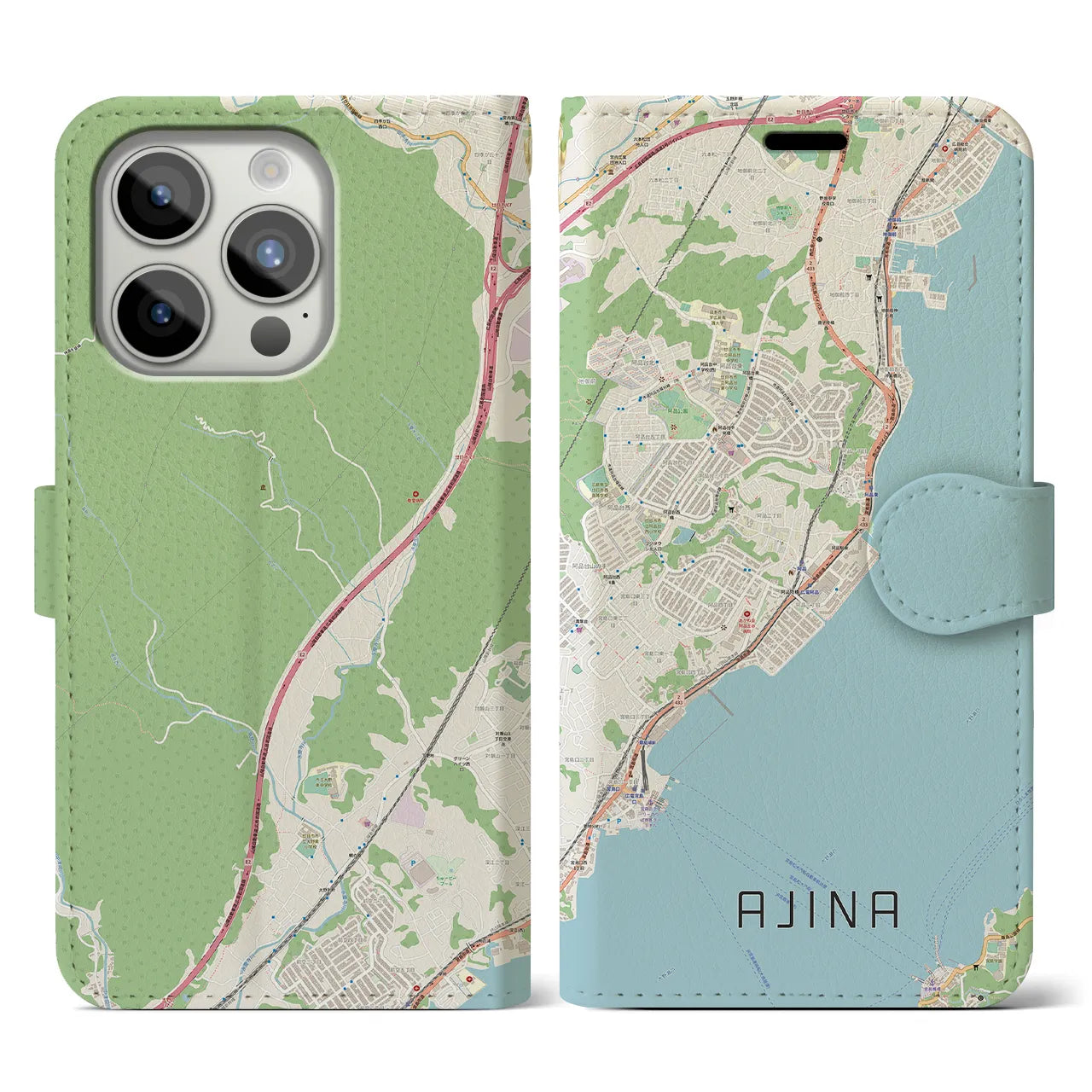 【阿品(広島県)】地図柄iPhoneケース(手帳タイプ)ナチュラル・iPhone 15 Pro 用