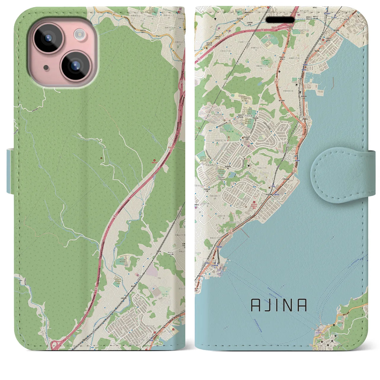 【阿品(広島県)】地図柄iPhoneケース(手帳タイプ)ナチュラル・iPhone 15 Plus 用