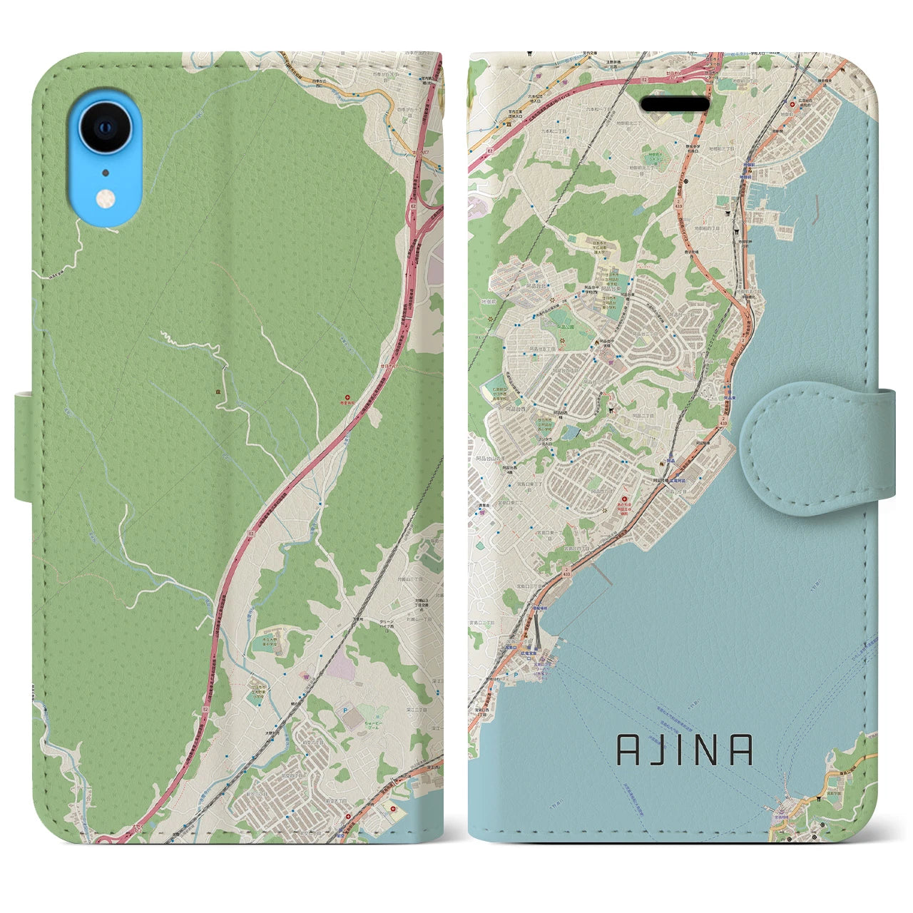 【阿品(広島県)】地図柄iPhoneケース(手帳タイプ)ナチュラル・iPhone XR 用