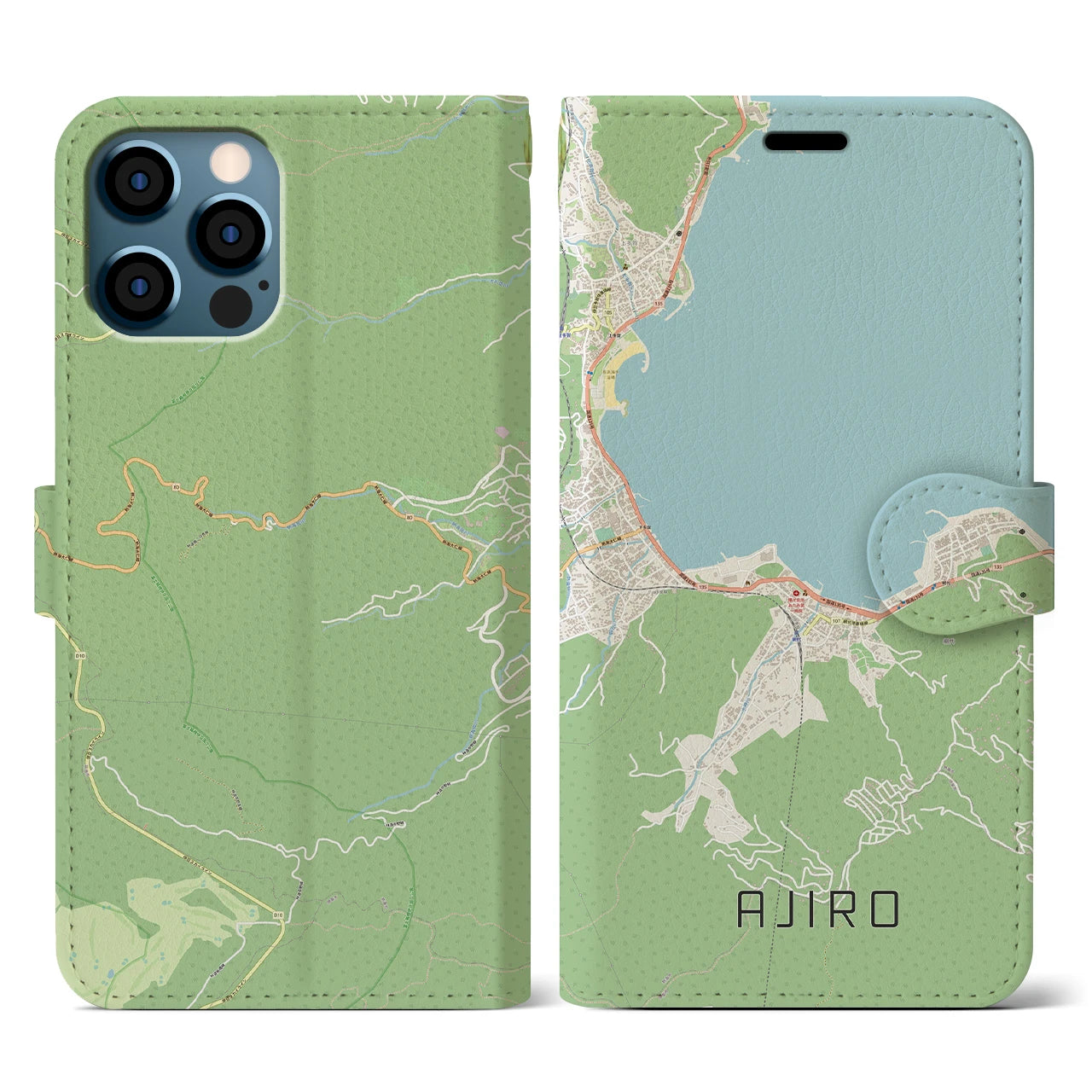 【網代(静岡県)】地図柄iPhoneケース(手帳タイプ)ナチュラル・iPhone 12 / 12 Pro 用