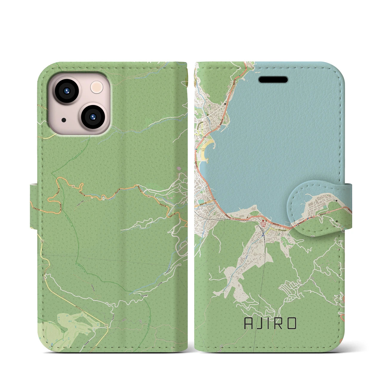 【網代(静岡県)】地図柄iPhoneケース(手帳タイプ)ナチュラル・iPhone 13 mini 用