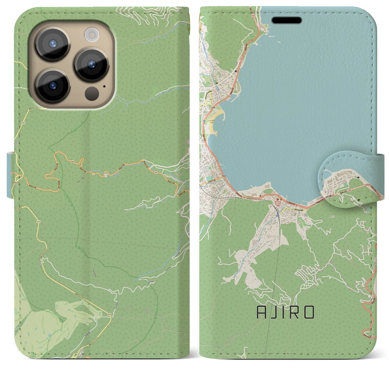 【網代(静岡県)】地図柄iPhoneケース(手帳タイプ)ナチュラル・iPhone 14 Pro Max 用