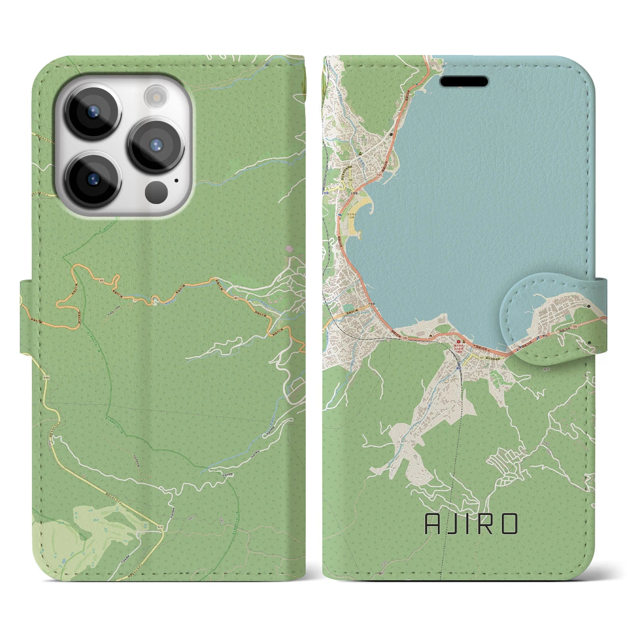 【網代(静岡県)】地図柄iPhoneケース(手帳タイプ)ナチュラル・iPhone 14 Pro 用