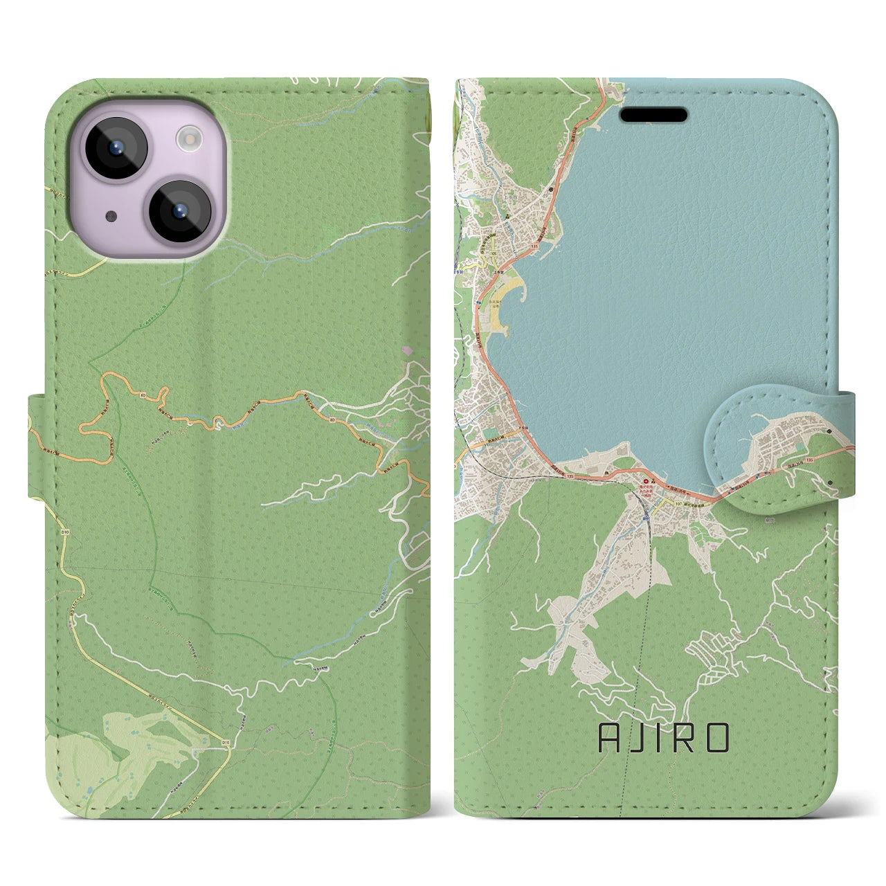 【網代(静岡県)】地図柄iPhoneケース(手帳タイプ)ナチュラル・iPhone 14 用