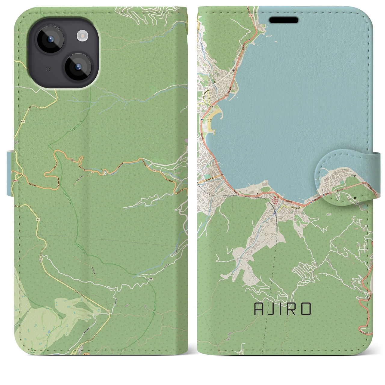 【網代(静岡県)】地図柄iPhoneケース(手帳タイプ)ナチュラル・iPhone 14 Plus 用